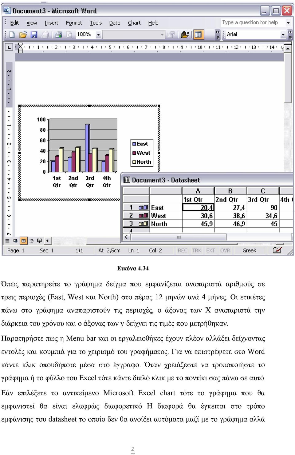 Παρατηρήστε πως η Menu bar και οι εργαλειοθήκες έχουν πλέον αλλάξει δείχνοντας εντολές και κουμπιά για το χειρισμό του γραφήματος. Για να επιστρέψετε στο Word κάντε κλικ οπουδήποτε μέσα στο έγγραφο.