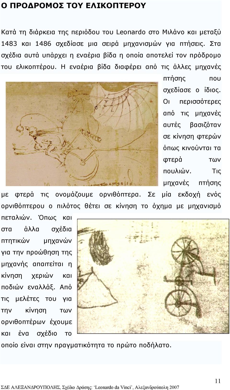 Οι περισσότερες από τις µηχανές αυτές βασιζόταν σε κίνηση φτερών όπως κινούνται τα φτερά των πουλιών. Τις µηχανές πτήσης µε φτερά τις ονοµάζουµε ορνιθόπτερα.