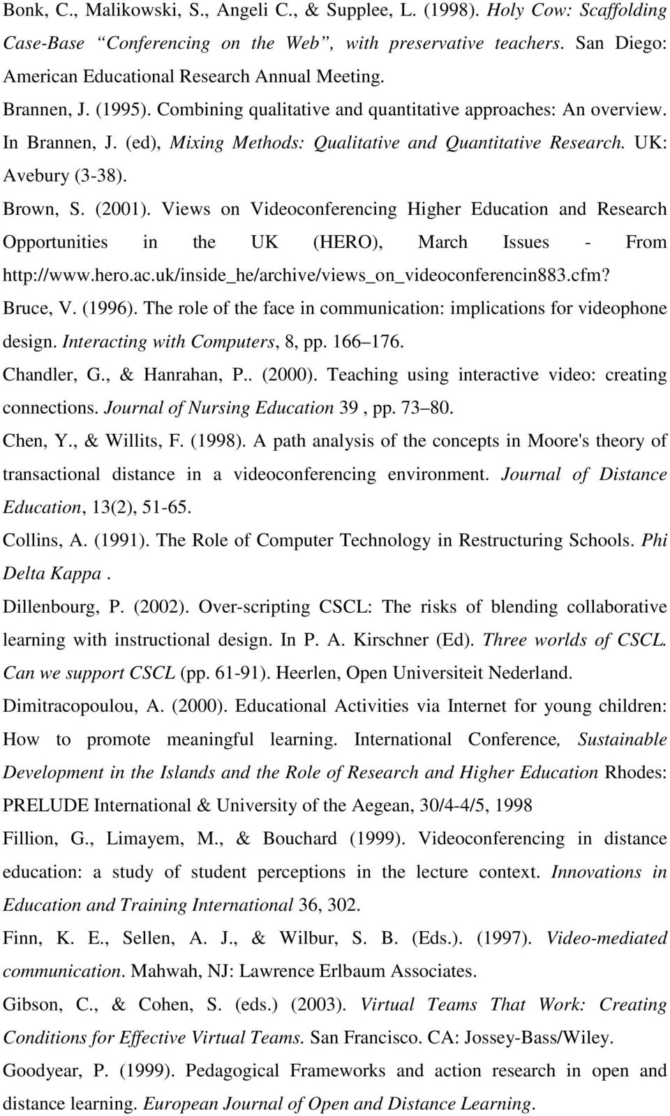 Views on Videoconferencing Higher Education and Research Opportunities in the UK (HERO), March Issues - From http://www.hero.ac.uk/inside_he/archive/views_on_videoconferencin883.cfm? Bruce, V. (1996).