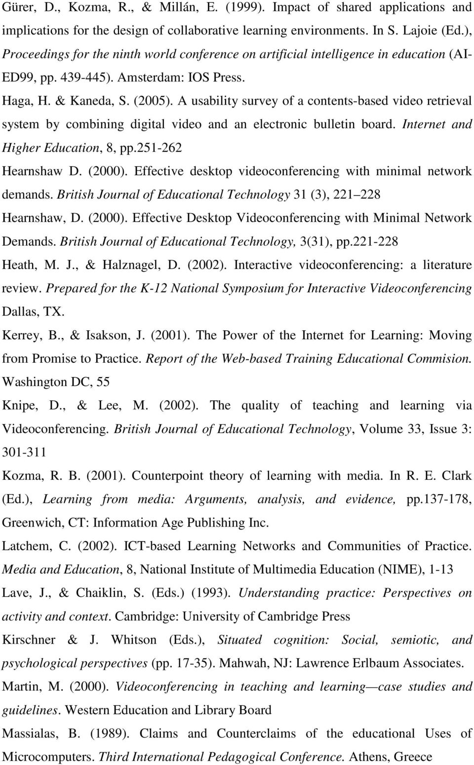 A usability survey of a contents-based video retrieval system by combining digital video and an electronic bulletin board. Internet and Higher Education, 8, pp.251-262 Hearnshaw D. (2000).