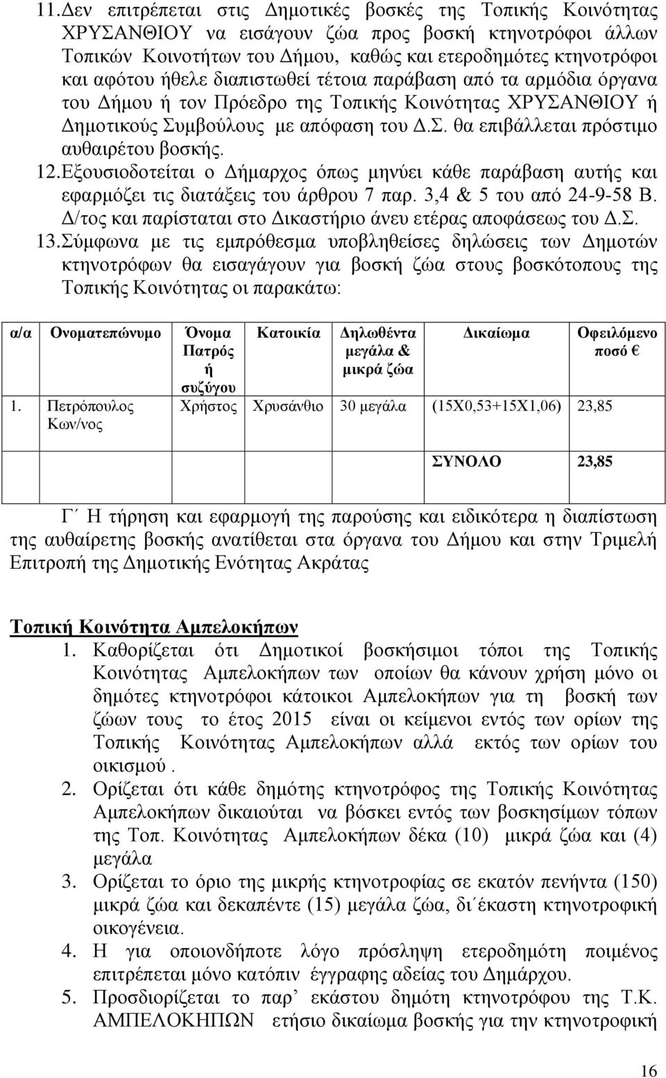 12. Εξουσιοδοτείται ο Δήμαρχος όπως μηνύει κάθε παράβαση αυτής και εφαρμόζει τις διατάξεις του άρθρου 7 παρ. 3,4 & 5 του από 24-9-58 Β. Δ/τος και παρίσταται στο Δικαστήριο άνευ ετέρας αποφάσεως του Δ.