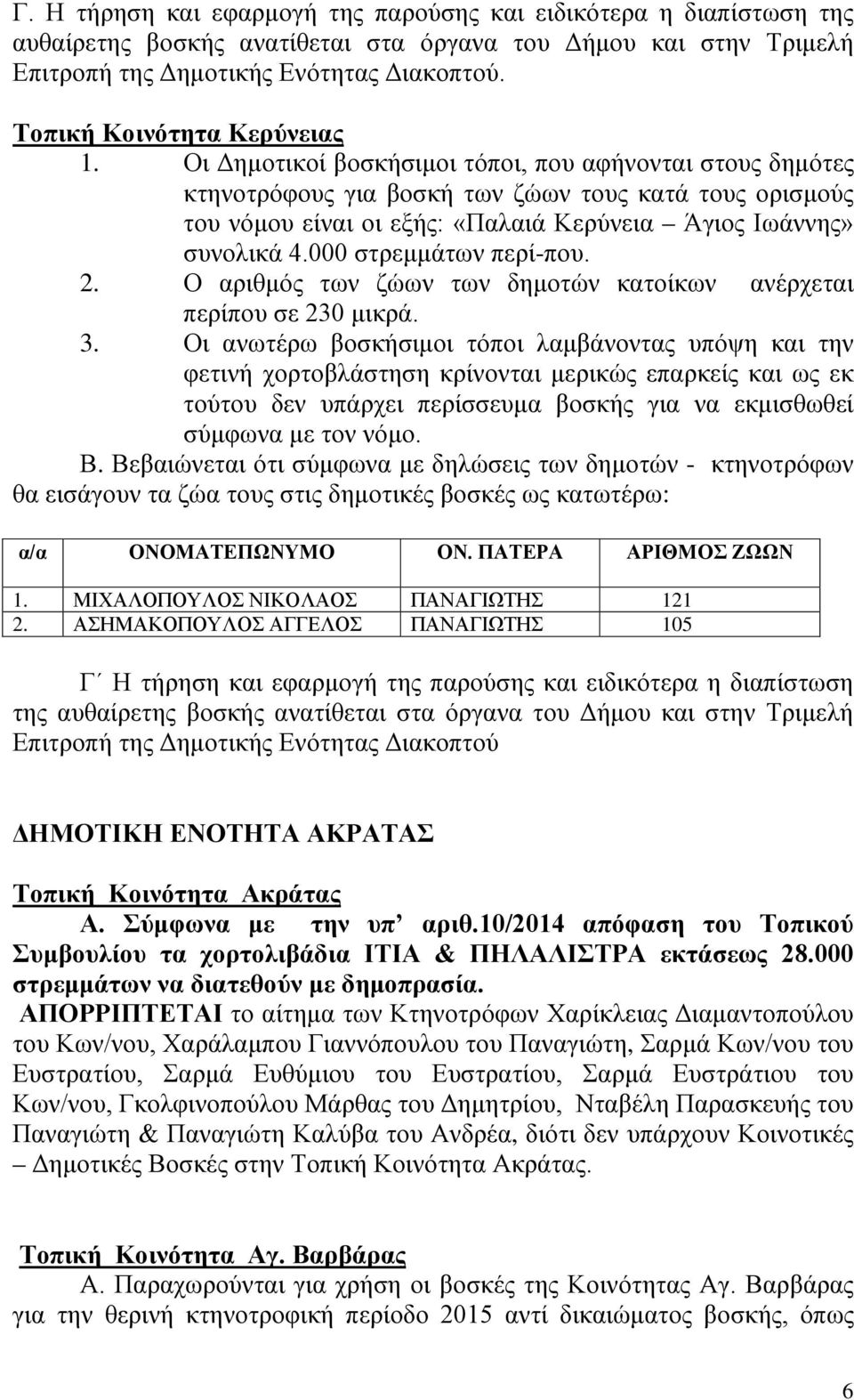 Οι Δημοτικοί βοσκήσιμοι τόποι, που αφήνονται στους δημότες κτηνοτρόφους για βοσκή των ζώων τους κατά τους ορισμούς του νόμου είναι οι εξής: «Παλαιά Κερύνεια Άγιος Ιωάννης» συνολικά 4.