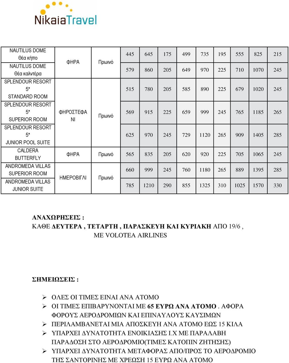 ΣΗΜΕΙΩΣΕΙΣ : ΟΛΕΣ ΟΙ ΤΙΜEΣ ΕΙΝΑΙ ΑΝΑ ΑΤΟΜΟ ΟΙ ΤΙΜΕΣ ΕΠΙΒΑΡΥΝΟΝΤΑΙ ΜΕ 65 ΕΥΡΩ ΑΝΑ ΑΤΟΜΟ.