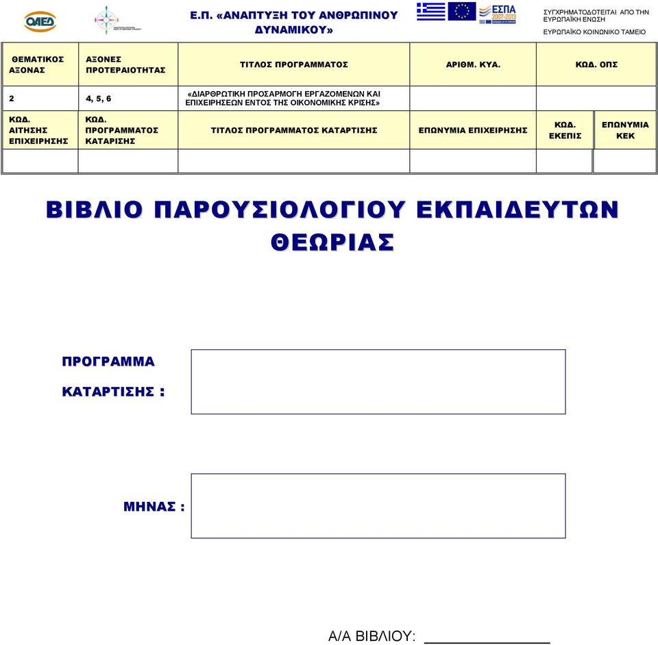 ΟΠΣ «ΔΙΑΡΘΡΩΤΙΚΗ ΠΡΟΣΑΡΜΟΓΗ ΕΡΓΑΖΟΜΕΝΩΝ ΚΑΙ ΕΠΙΧΕΙΡΗΣΕΩΝ ΕΝΤΟΣ ΤΗΣ ΟΙΚΟΝΟΜΙΚΗΣ ΚΡΙΣΗΣ» ΑΙΤΗΣΗΣ ΠΡΟΓΡΑΜΜΑΤΟΣ ΚΑΤΑΡΙΣΗΣ ΤΙΤΛΟΣ