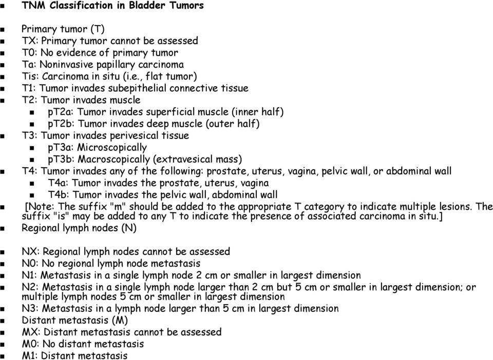 assessed T0: No evidence of primary tumor Ta: Noninvasive papillary carcinoma Tis: Carcinoma in situ (i.e., flat tumor) T1: Tumor invades subepithelial connective tissue T2: Tumor invades muscle