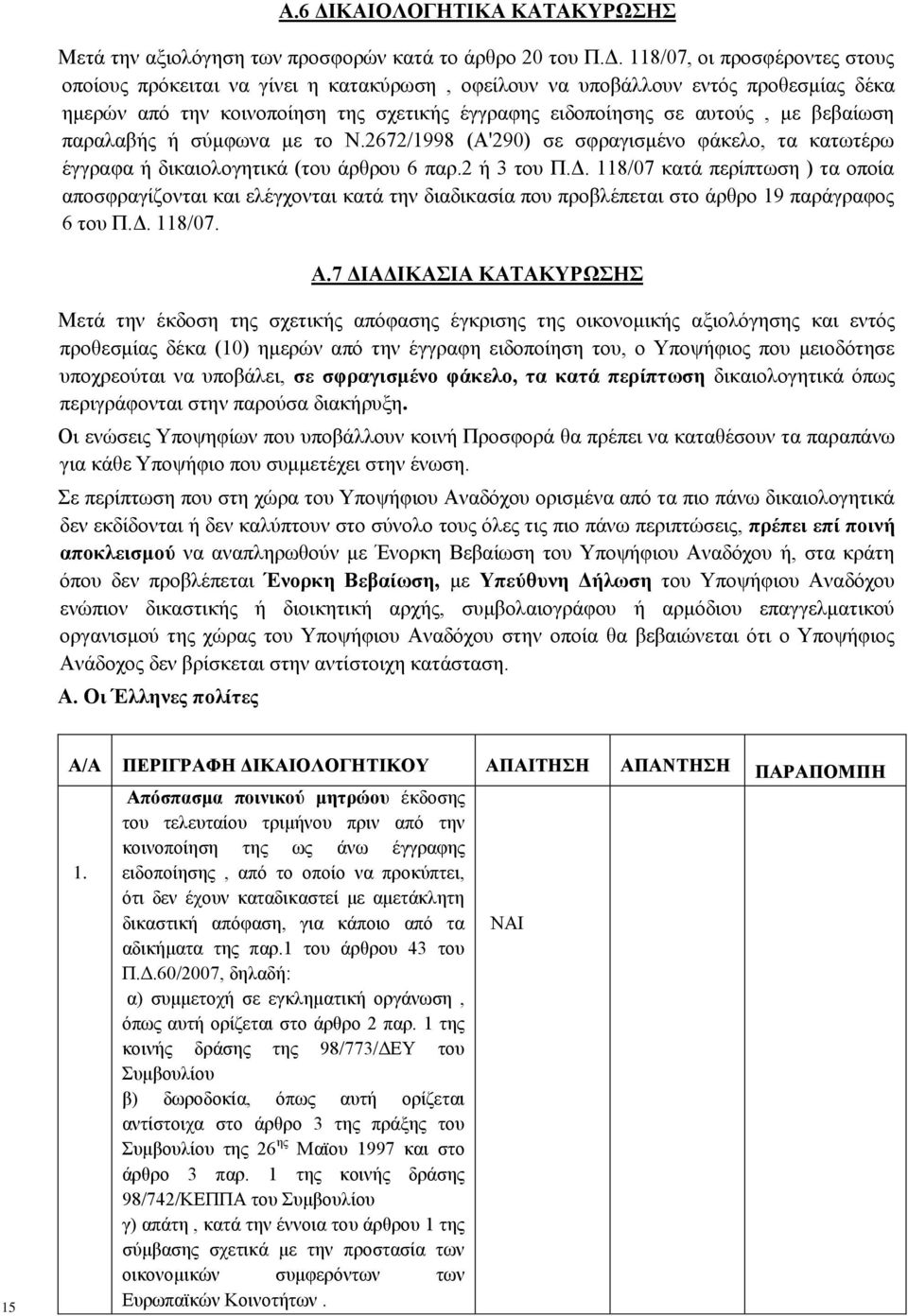 118/07, οι προσφέροντες στους οποίους πρόκειται να γίνει η κατακύρωση, οφείλουν να υποβάλλουν εντός προθεσμίας δέκα ημερών από την κοινοποίηση της σχετικής έγγραφης ειδοποίησης σε αυτούς, με βεβαίωση