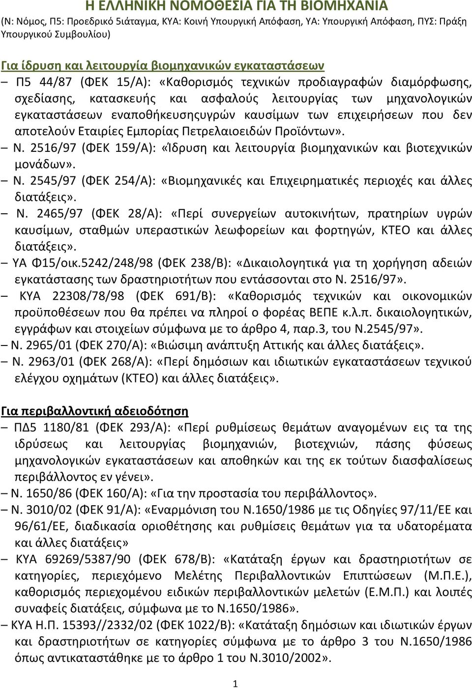 επιχειρήσεων που δεν αποτελούν Εταιρίες Εμπορίας Πετρελαιοειδών Προϊόντων». Ν. 2516/97 (ΦΕΚ 159/Α): «Ίδρυση και λειτουργία βιομηχανικών και βιοτεχνικών μονάδων». Ν. 2545/97 (ΦΕΚ 254/Α): «Βιομηχανικές και Επιχειρηματικές περιοχές και άλλες διατάξεις».