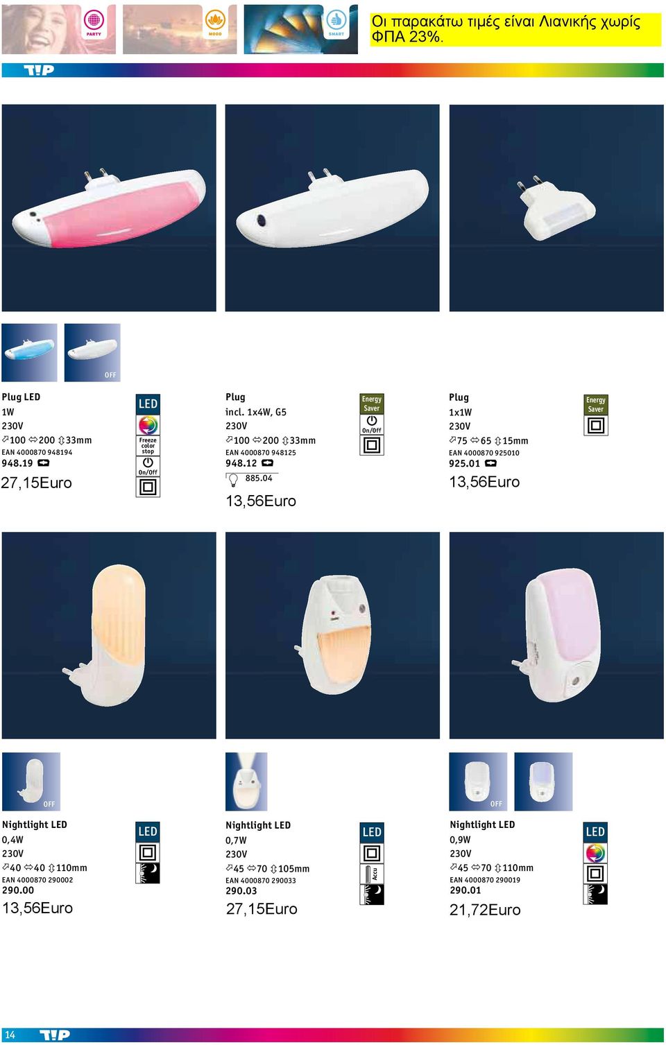 01 5,76 5,24 4,99 Energy Saver 5,76 5,24 4,99 Nightlight 0,4W 140 240 3110mm EAN 4000870 290002 290.