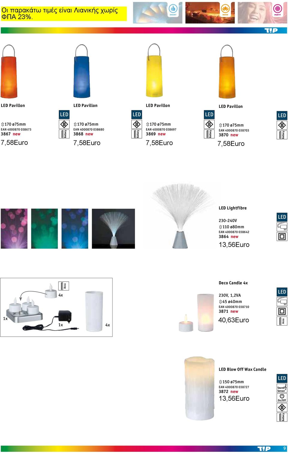 Lightfibre 230-240V 3110 ø80mm EAN 4000870 038642 3864 new 5,76 5,24 4,99 Alu 1x 4x 1x Accu Accu Sound- Sensor 4x Deco Candle 4x, 1,2VA 345