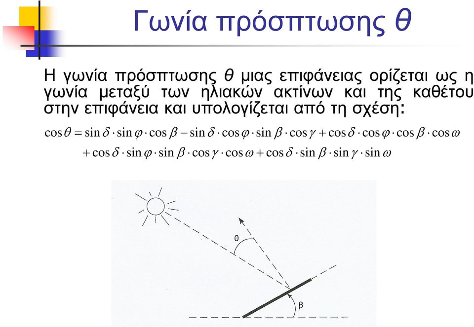 υπολογίζεται από τη σχέση: cosθ = sinδ sinϕ cosβ sinδ cosϕ sinβ cosγ