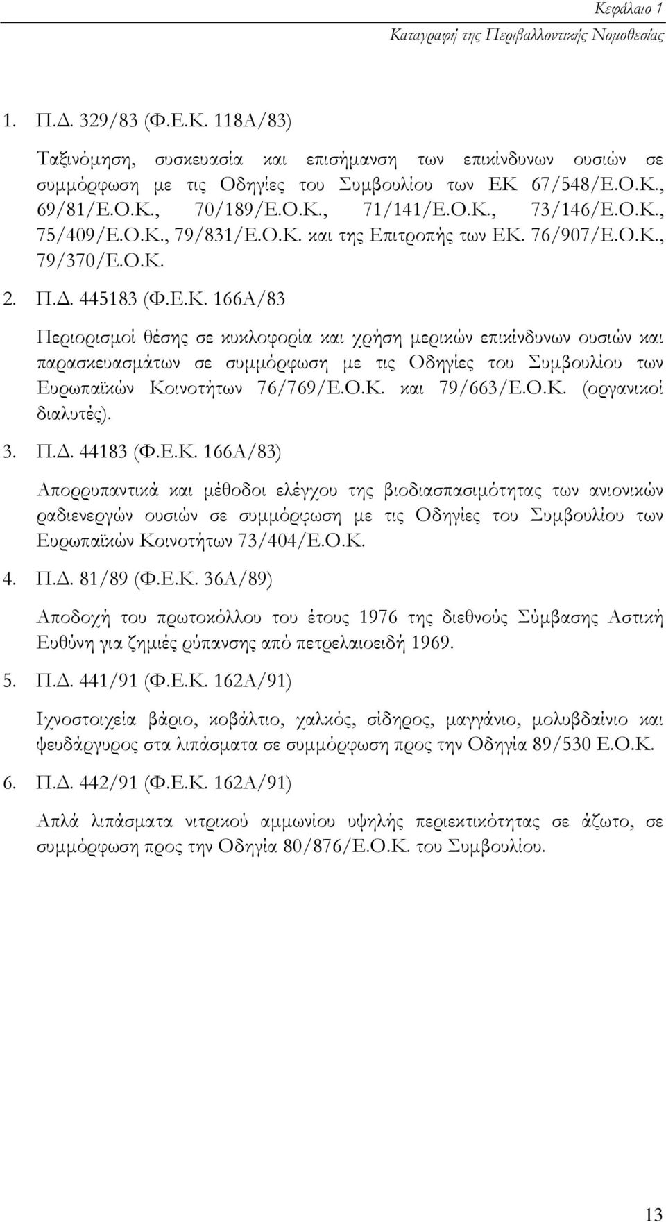 Ο.Κ. και 79/663/Ε.Ο.Κ. (οργανικοί διαλυτές). 3. Π.. 44183 (Φ.Ε.Κ. 166Α/83) Απορρυπαντικά και µέθοδοι ελέγχου της βιοδιασπασιµότητας των ανιονικών ραδιενεργών ουσιών σε συµµόρφωση µε τις Οδηγίες του Συµβουλίου των Ευρωπαϊκών Κοινοτήτων 73/404/Ε.