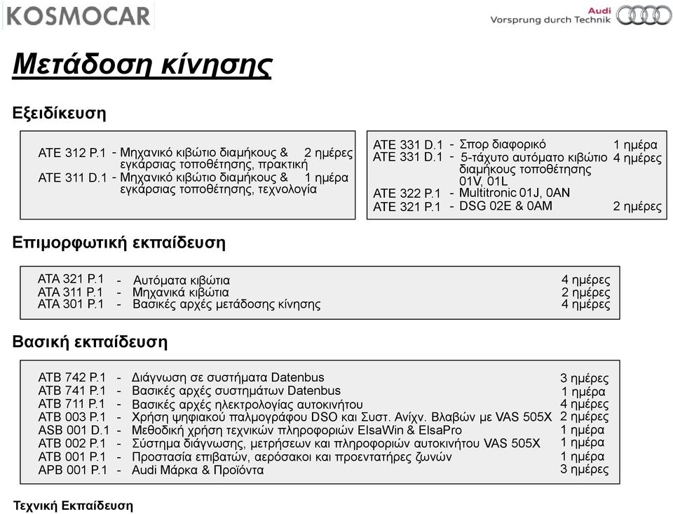 1 - Μultitronic 01J, 0AN ATE 321 P.1 - DSG 02E & 0AM ATA 321 P.1 - Αυτόματα κιβώτια ATA 311 P.1 - Μηχανικά κιβώτια ATA 301 P.1 - Βασικές αρχές μετάδοσης κίνησης ATB 742 P.