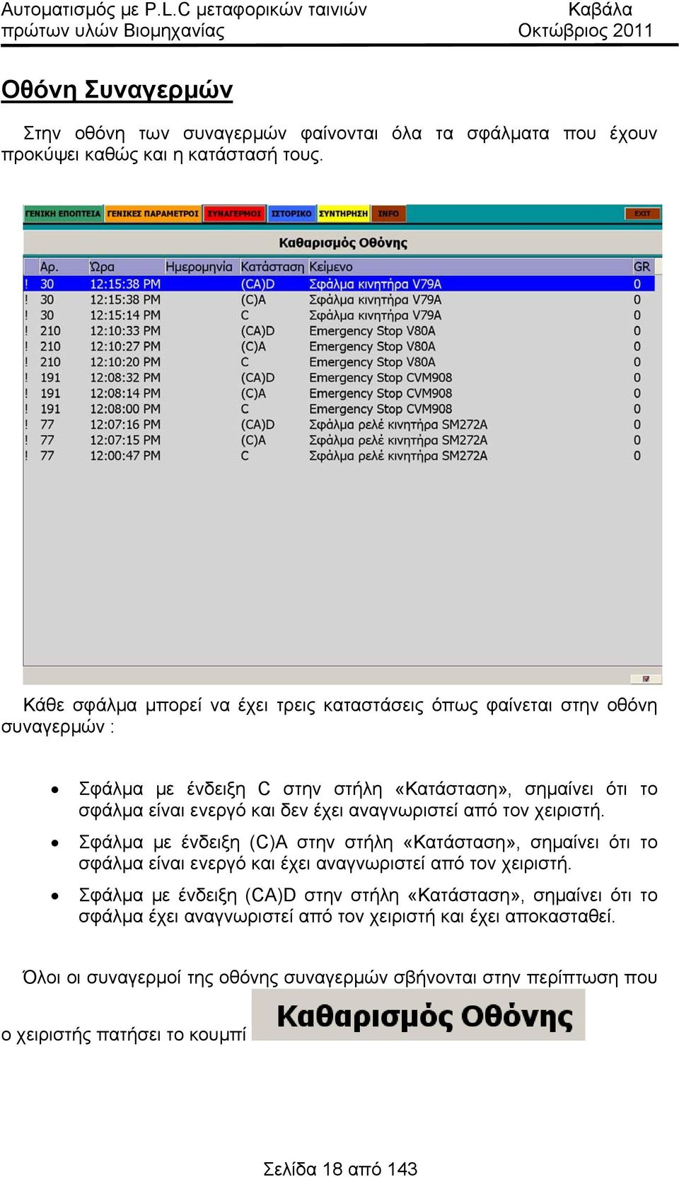 έχει αναγνωριστεί από τον χειριστή. Σφάλμα με ένδειξη (CΑ στην στήλη «Κατάσταση», σημαίνει ότι το σφάλμα είναι ενεργό και έχει αναγνωριστεί από τον χειριστή.