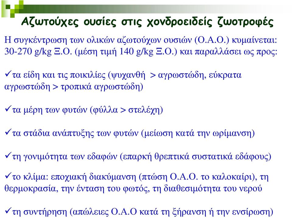 αγρωστώδη > τροπικά αγρωστώδη) τα µέρη των φυτών (φύλλα > στελέχη) τα στάδια ανάπτυξης των φυτών (µείωση κατά την ωρίµανση) τη γονιµότητα των εδαφών