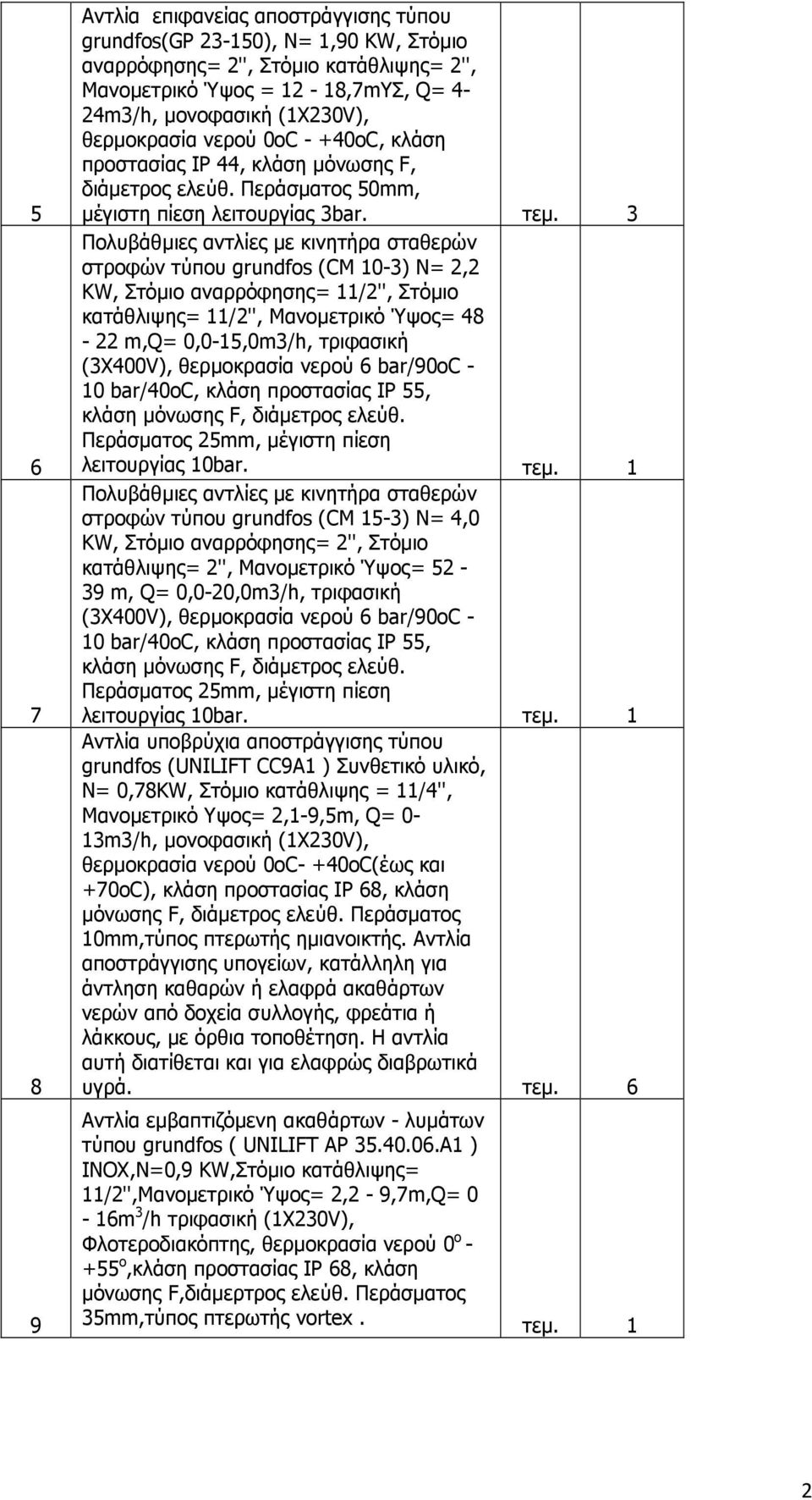 3 Πολυβάθµιες αντλίες µε κινητήρα σταθερών στροφών τύπου grundfos (CM 10-3) Ν= 2,2 KW, Στόµιο αναρρόφησης= 11/2'', Στόµιο κατάθλιψης= 11/2'', Μανοµετρικό Ύψος= 48-22 m,q= 0,0-15,0m3/h, τριφασική