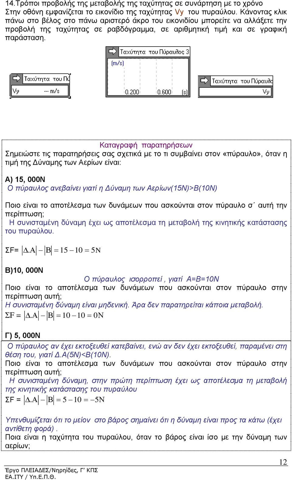 Καταγραφή παρατηρήσεων Σημειώστε τις παρατηρήσεις σας σχετικά με το τι συμβαίνει στον «πύραυλο», όταν η τιμή της Δύναμης των Αερίων είναι: Α) 15, 000N Ο πύραυλος ανεβαίνει γιατί η Δύναμη των