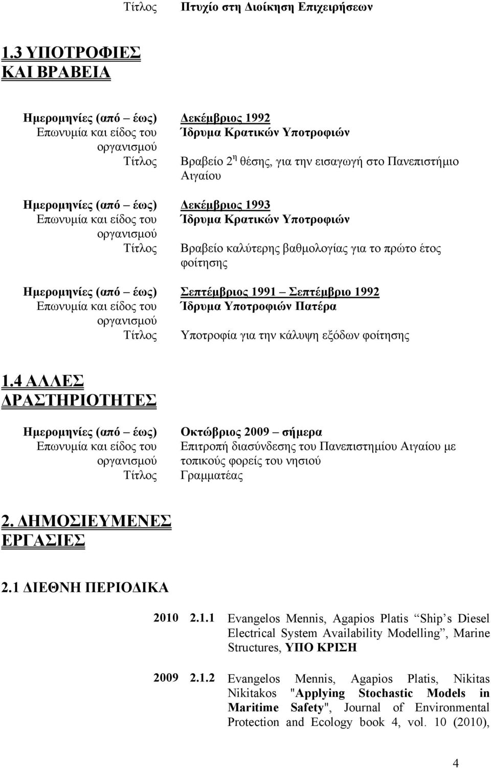 Ίδρυµα Κρατικών Υποτροφιών Τίτλος Βραβείο καλύτερης βαθµολογίας για το πρώτο έτος φοίτησης Ηµεροµηνίες (από έως) Σεπτέµβριος 1991 Σεπτέµβριο 1992 Ίδρυµα Υποτροφιών Πατέρα Τίτλος Υποτροφία για την