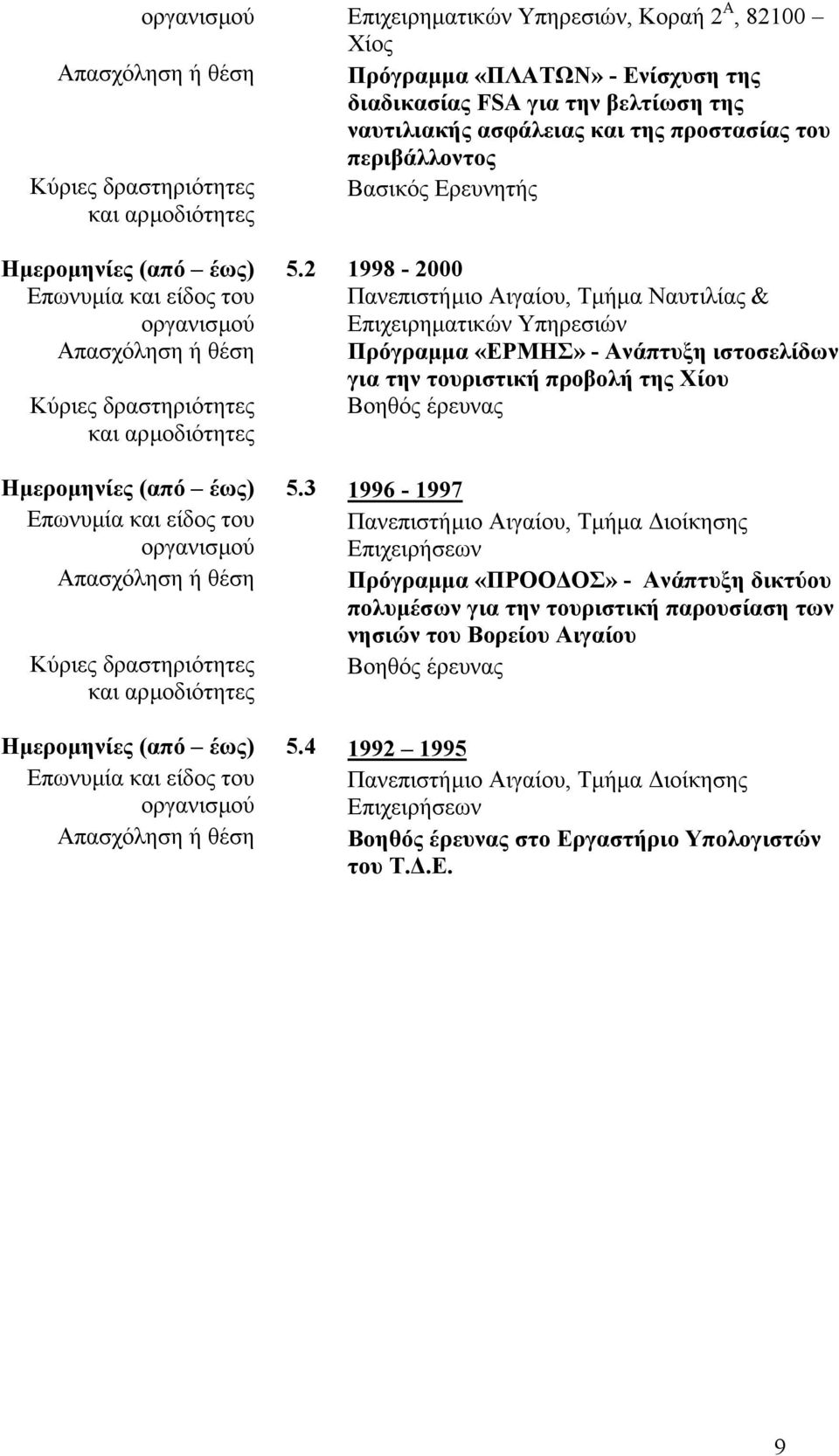 2 1998-2000 Πανεπιστήµιο Αιγαίου, Τµήµα Ναυτιλίας & Επιχειρηµατικών Υπηρεσιών Απασχόληση ή θέση Πρόγραµµα «ΕΡΜΗΣ» - Ανάπτυξη ιστοσελίδων για την τουριστική προβολή της Χίου Βοηθός έρευνας Ηµεροµηνίες