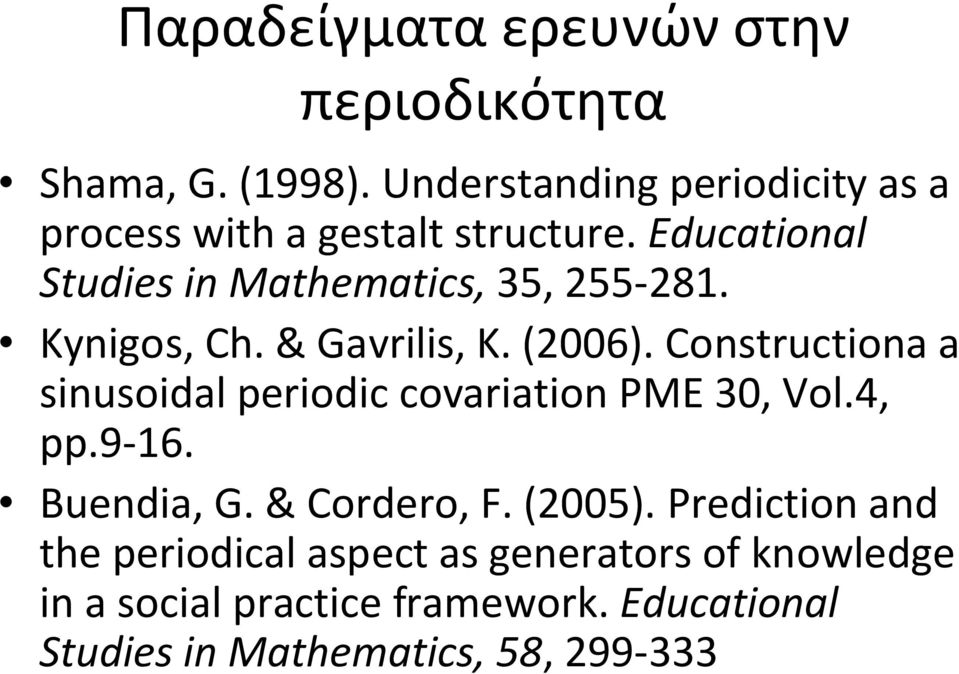 Kynigos, Ch. & Gavrilis, K. (2006). Constructiona a sinusoidal periodic covariation PME 30, Vol.4, pp.9-16.