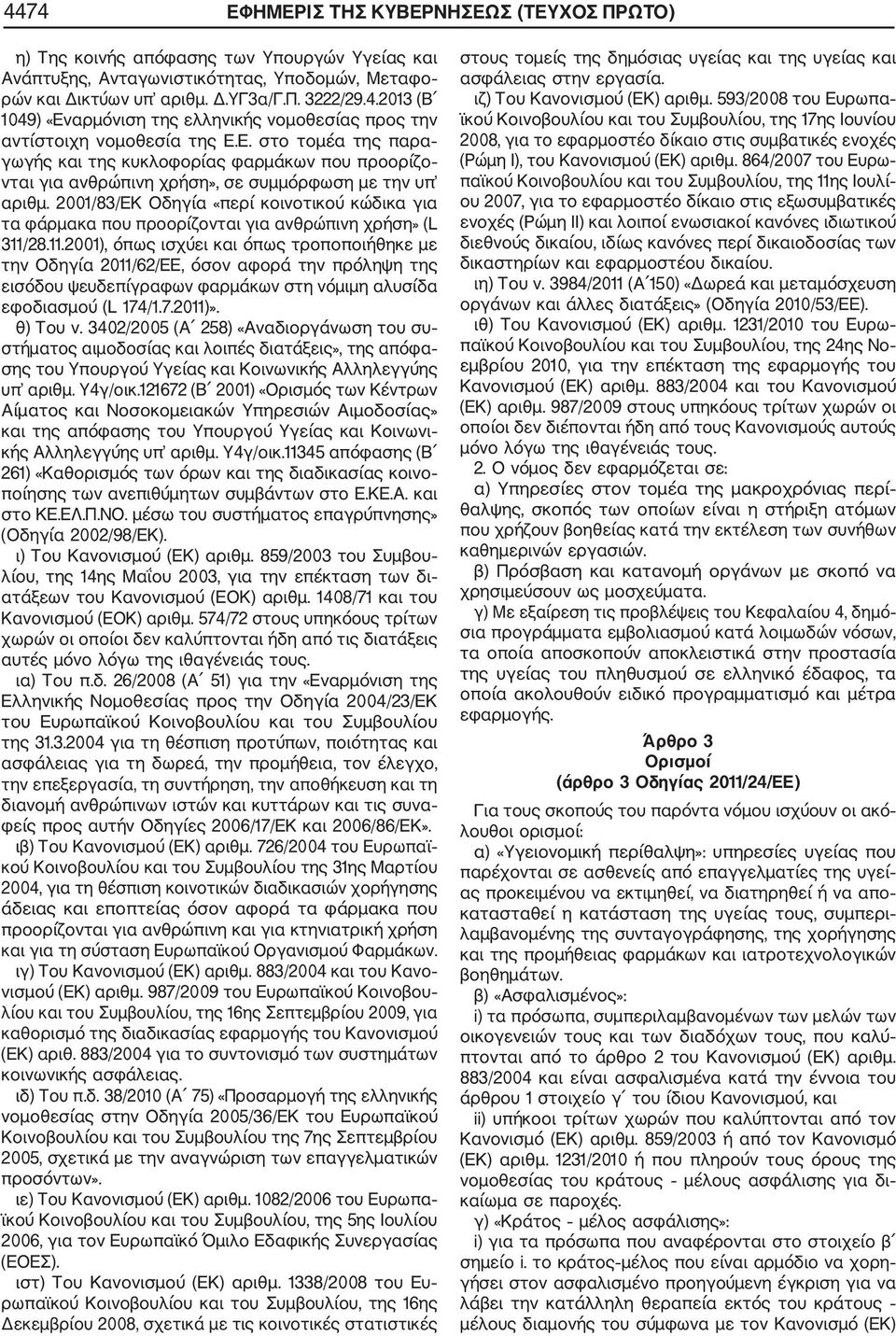 2001/83/ΕΚ Οδηγία «περί κοινοτικού κώδικα για τα φάρμακα που προορίζονται για ανθρώπινη χρήση» (L 311/
