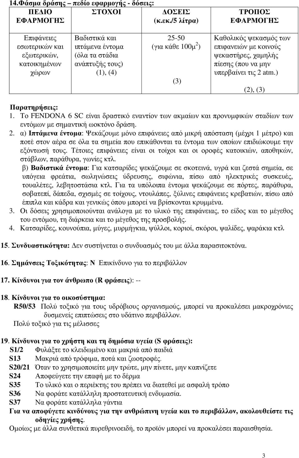 ψεκασµός των επιφανειών µε κοινούς ψεκαστήρες, χαµηλής πίεσης (που να µην υπερβαίνει τις 2 atm.) (2), (3) Παρατηρήσεις: 1.