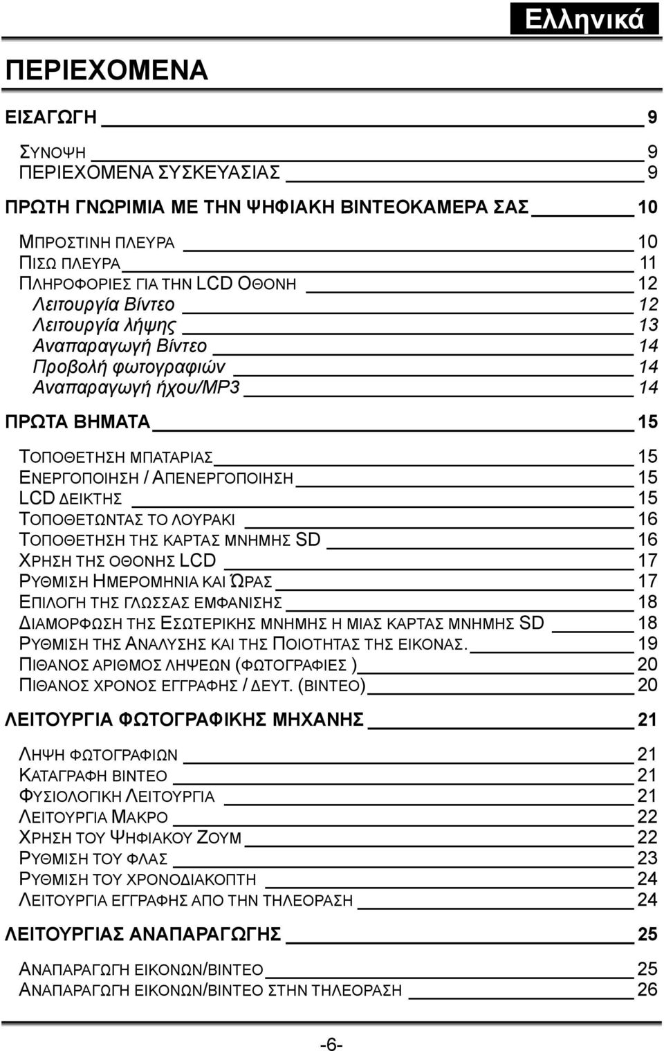 ΛΟΥΡΑΚΙ 16 ΤΟΠΟΘΕΤΗΣΗ ΤΗΣ ΚΑΡΤΑΣ ΜΝΗΜΗΣ SD 16 ΧΡΗΣΗ ΤΗΣ ΟΘΟΝΗΣ LCD 17 ΡΥΘΜΙΣΗ ΗΜΕΡΟΜΗΝΙΑ ΚΑΙ ΏΡΑΣ 17 ΕΠΙΛΟΓΗ ΤΗΣ ΓΛΩΣΣΑΣ ΕΜΦΑΝΙΣΗΣ 18 ΔΙΑΜΟΡΦΩΣΗ ΤΗΣ ΕΣΩΤΕΡΙΚΗΣ ΜΝΗΜΗΣ Η ΜΙΑΣ ΚΑΡΤΑΣ ΜΝΗΜΗΣ SD 18
