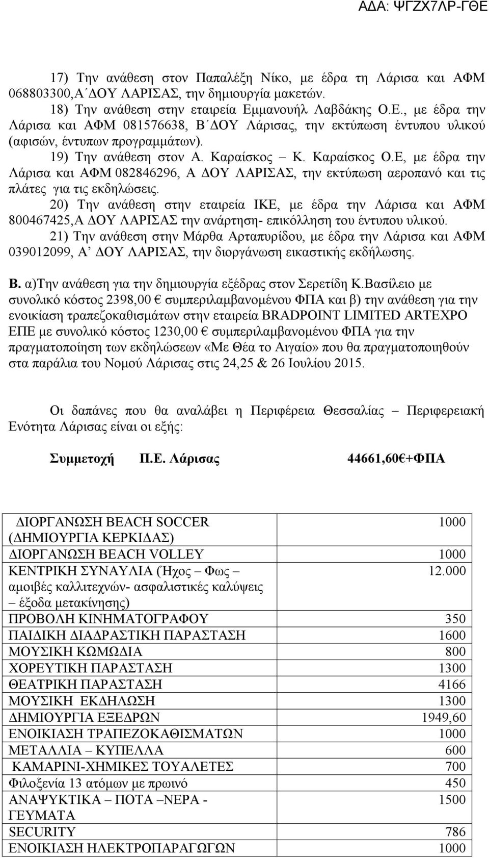 Ε, με έδρα την Λάρισα και ΑΦΜ 082846296, Α ΔΟΥ ΛΑΡΙΣΑΣ, την εκτύπωση αεροπανό και τις πλάτες για τις εκδηλώσεις.