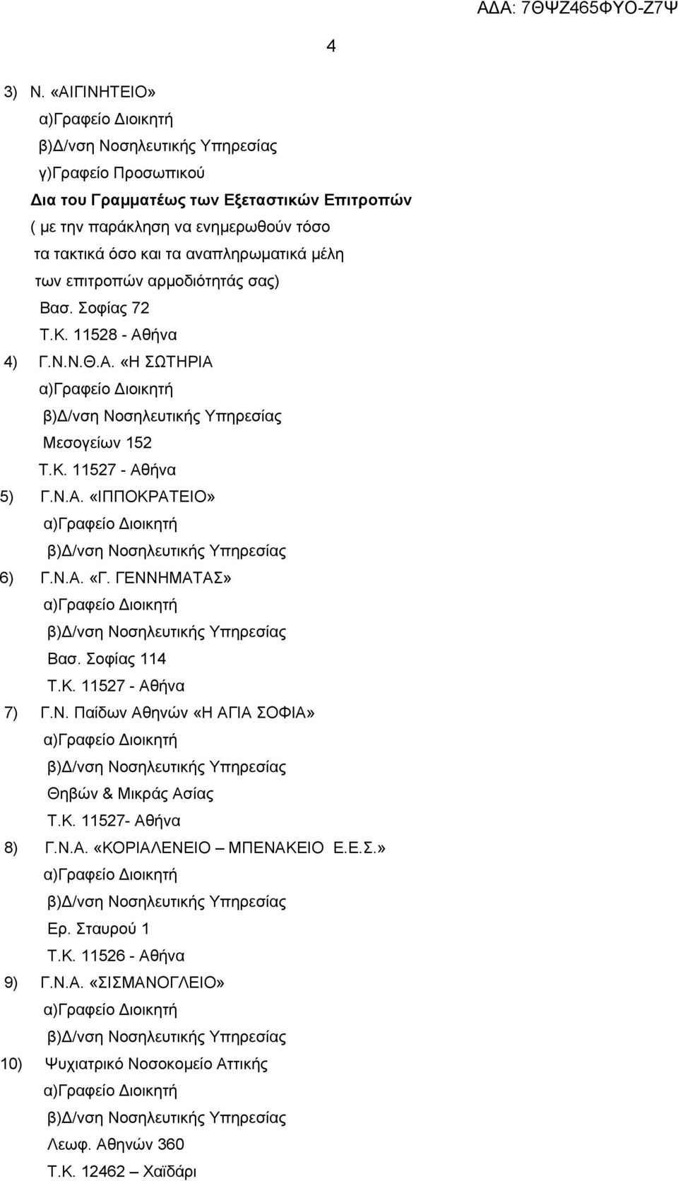 Κ. 11527- Αθήνα 8) Γ.Ν.Α. «ΚΟΡΙΑΛΕΝΕΙΟ ΜΠΕΝΑΚΕΙΟ Ε.Ε.Σ.» Ερ. Σταυρού 1 Τ.Κ. 11526 - Αθήνα 9) Γ.Ν.Α. «ΣΙΣΜΑΝΟΓΛΕΙΟ» 10) Ψυχιατρικό Νοσοκομείο Αττικής Λεωφ.