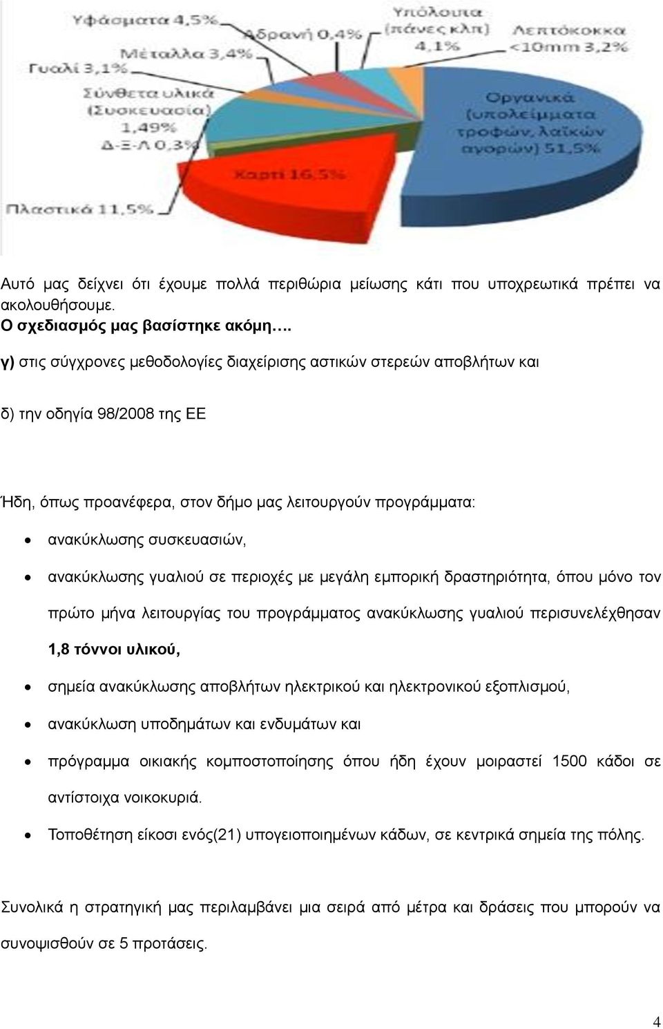 γυαλιού σε περιοχές με μεγάλη εμπορική δραστηριότητα, όπου μόνο τον πρώτο μήνα λειτουργίας του προγράμματος ανακύκλωσης γυαλιού περισυνελέχθησαν 1,8 τόννοι υλικού, σημεία ανακύκλωσης αποβλήτων