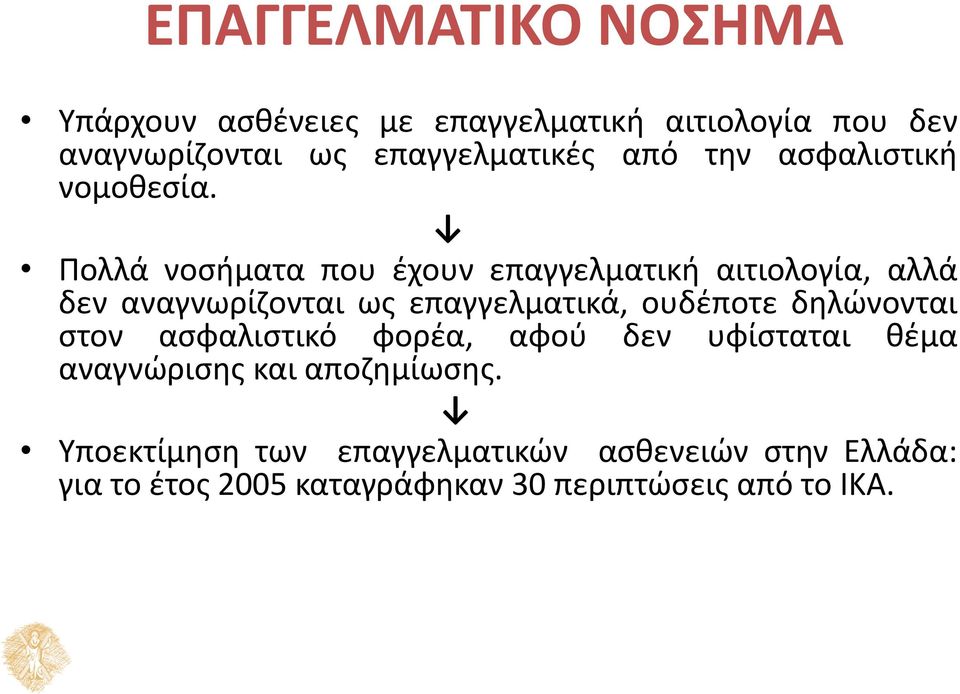 Πολλά νοσήματα που έχουν επαγγελματική αιτιολογία, αλλά δεν αναγνωρίζονται ως επαγγελματικά, ουδέποτε