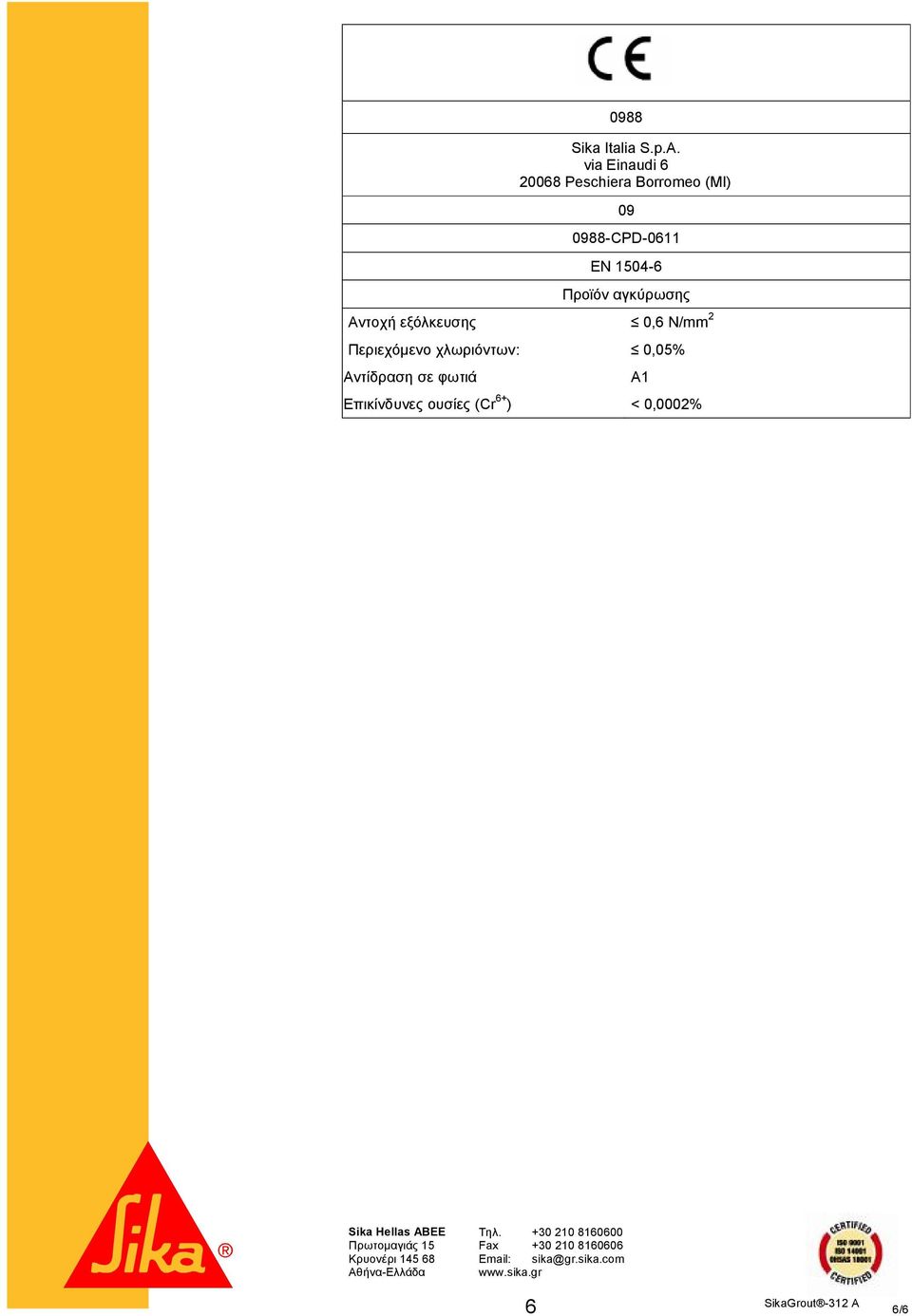 Αντοχή εξόλκευσης 0,6 N/mm 2 Περιεχόμενο χλωριόντων: 0,05% Αντίδραση σε φωτιά Α1 Επικίνδυνες