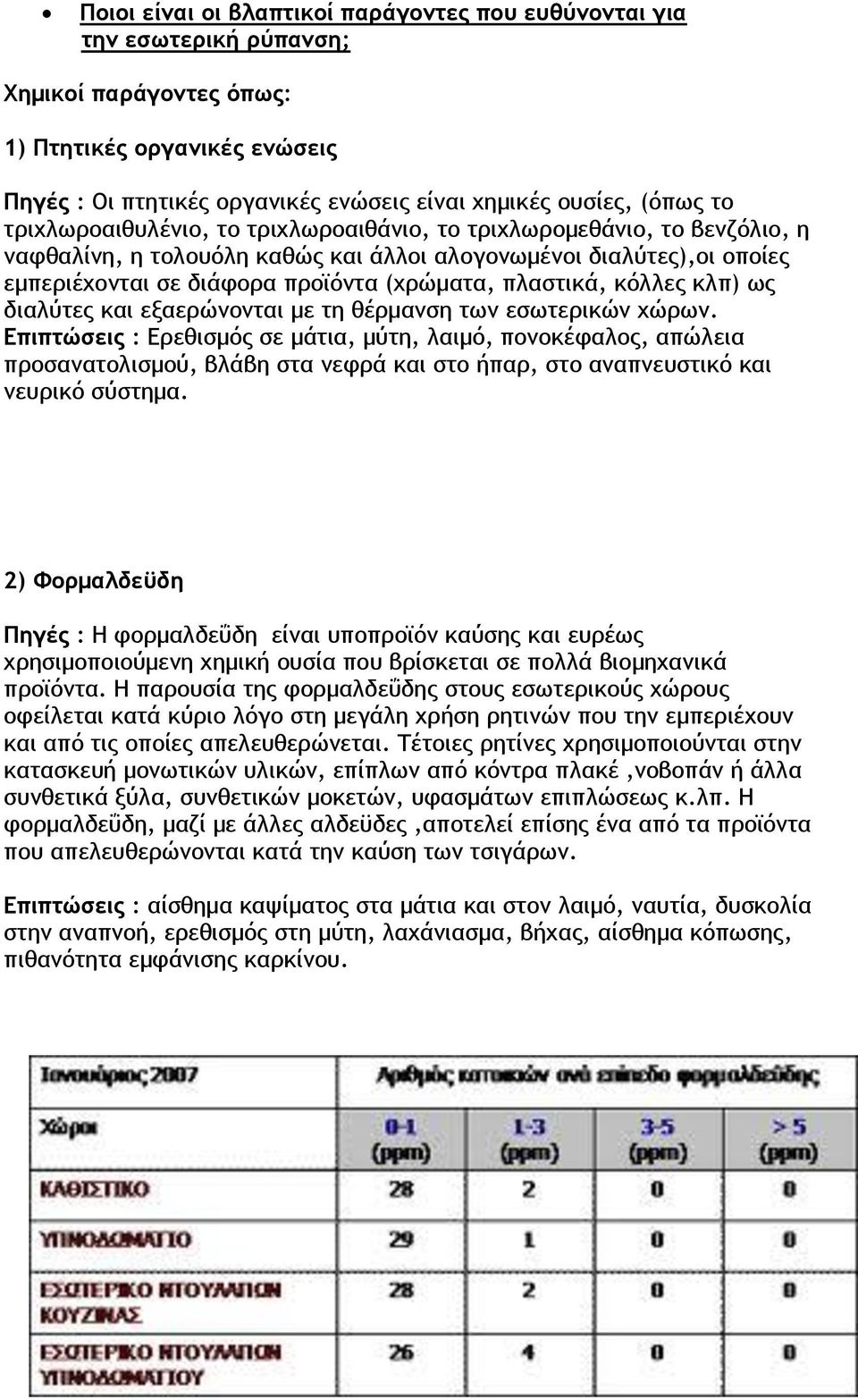 πλαστικά, κόλλες κλπ) ως διαλύτες και εξαερώνονται με τη θέρμανση των εσωτερικών χώρων.