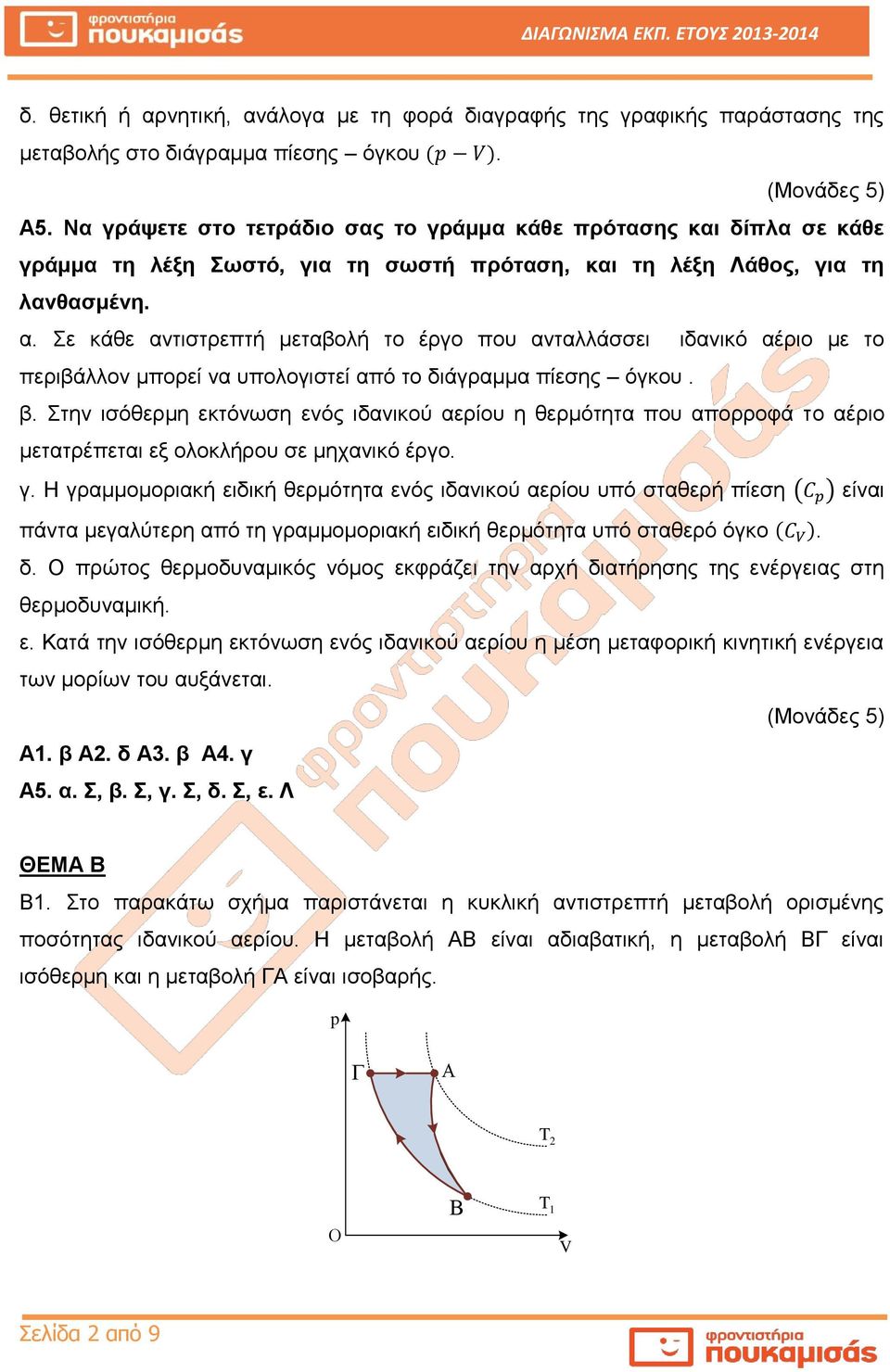 Σε κάθε αντιστρεπτή μεταβολή το έργο που ανταλλάσσει ιδανικό αέριο με το περιβάλλον μπορεί να υπολογιστεί από το διάγραμμα πίεσης όγκου. β.