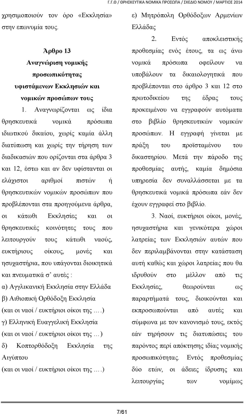 ελάχιστοι αριθμοί πιστών ή θρησκευτικών νομικών προσώπων που προβλέπονται στα προηγούμενα άρθρα, οι κάτωθι Εκκλησίες και οι θρησκευτικές κοινότητες τους που λειτουργούν τους κάτωθι ναούς, ευκτήριους
