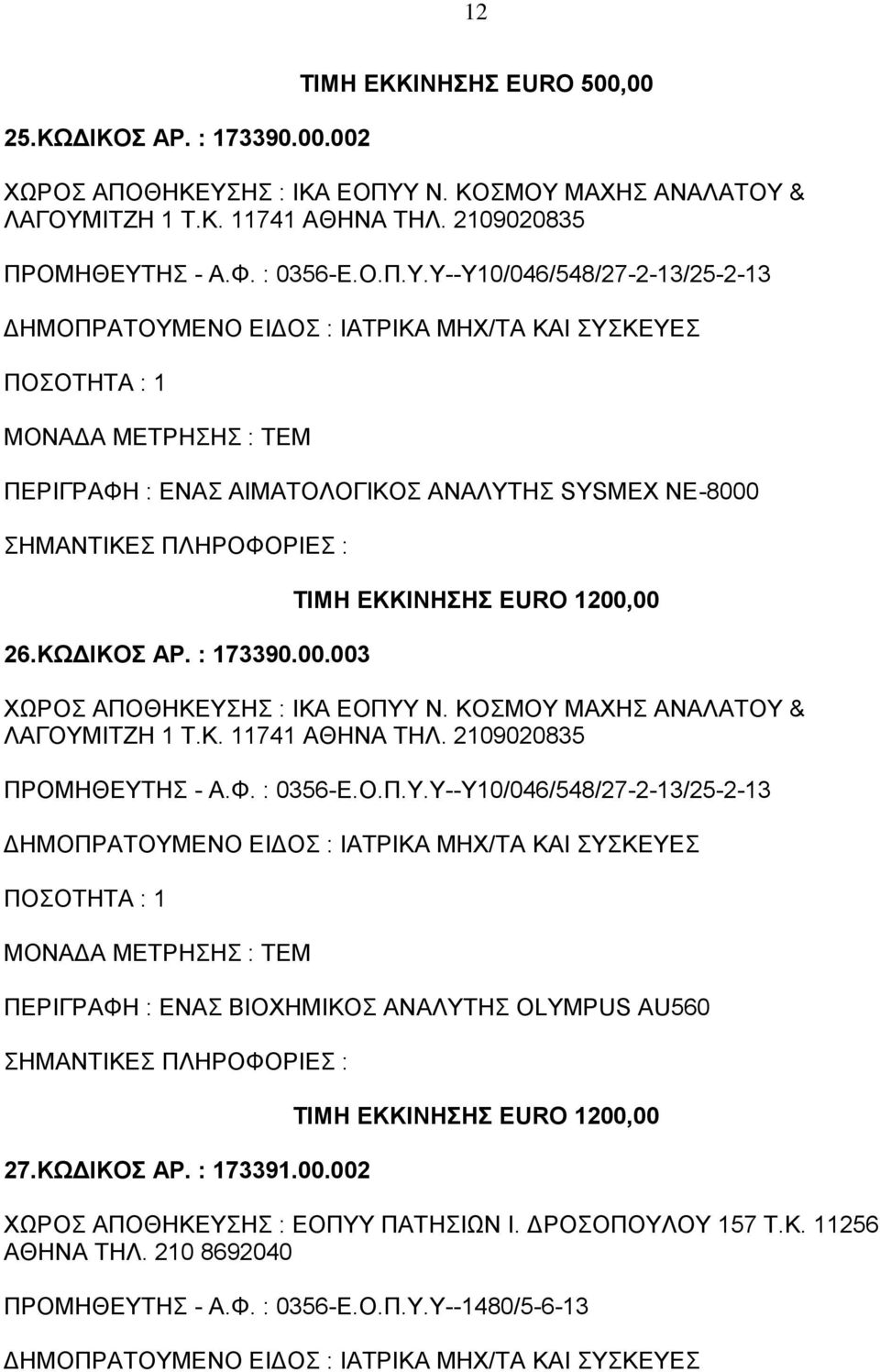 ΚΩΔΙΚΟΣ ΑΡ. : 173390.00.003 ΤΙΜΗ ΕΚΚΙΝΗΣΗΣ EURO 1200,00 ΧΩΡΟΣ ΑΠΟΘΗΚΕΥΣ