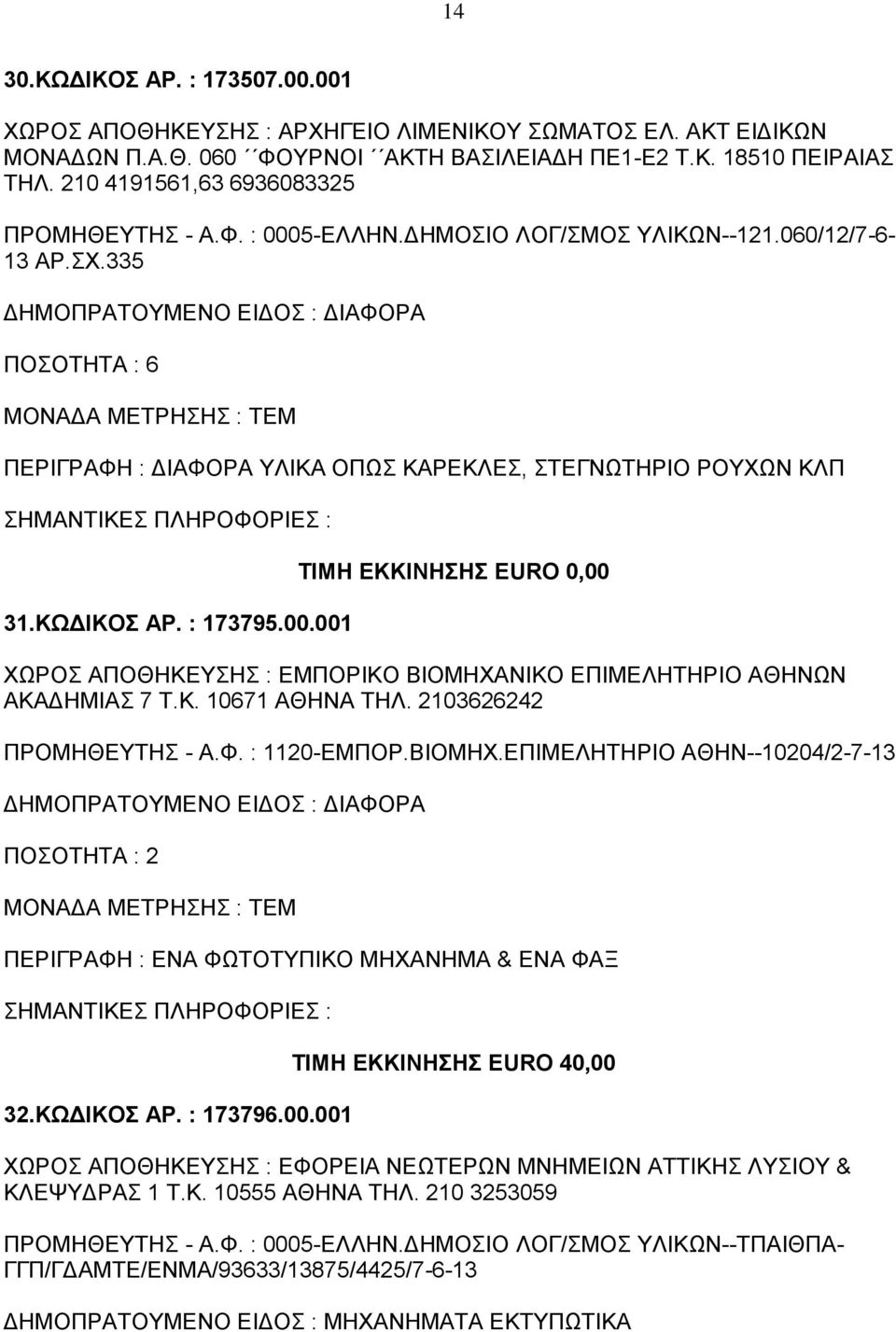 ΚΩΔΙΚΟΣ ΑΡ. : 173795.00.001 ΧΩΡΟΣ ΑΠΟΘΗΚΕΥΣΗΣ : ΕΜΠΟΡΙΚΟ ΒΙΟΜΗΧΑΝΙΚΟ ΕΠΙΜΕΛΗΤΗΡΙΟ ΑΘΗΝΩΝ ΑΚΑΔΗΜΙΑΣ 7 Τ.Κ. 10671 ΑΘΗΝΑ ΤΗΛ. 2103626242 ΠΡΟΜΗΘΕΥΤΗΣ - Α.Φ. : 1120-ΕΜΠΟP.ΒΙΟΜΗΧ.ΕΠΙΜΕΛΗΤΗPΙΟ ΑΘΗΝ--10204/2-7-13 ΠΟΣΟΤΗΤΑ : 2 ΠΕΡΙΓΡΑΦΗ : ΕΝΑ ΦΩΤΟΤΥΠΙΚΟ ΜΗΧΑΝΗΜΑ & ΕΝΑ ΦΑΞ 32.