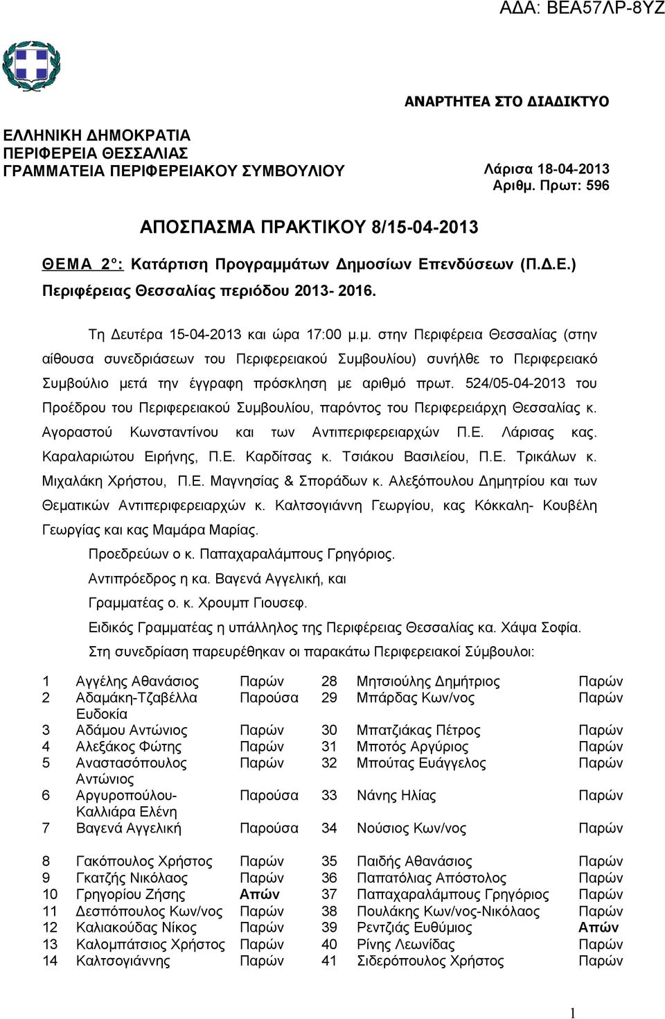 Πρωτ: 596 Τη Δευτέρα 15-04-2013 και ώρα 17:00 μ.