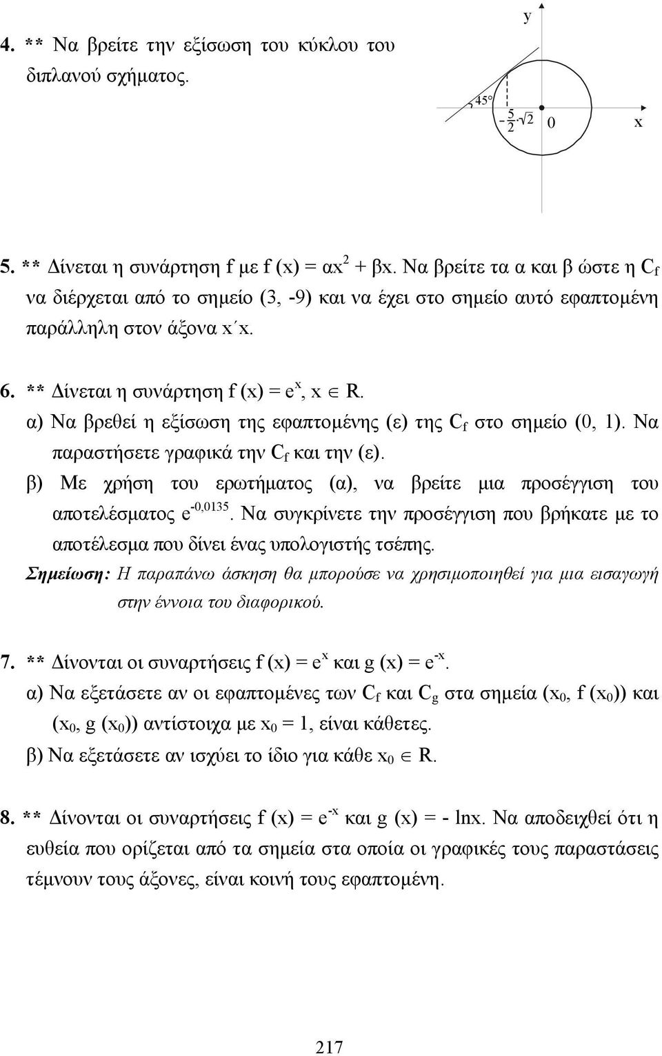 α) Να βρεθεί η εξίσωση της εφαπτοµένης (ε) της C στο σηµείο (0, ). Να παραστήσετε γραφικά την C και την (ε). β) Με χρήση του ερωτήµατος (α), να βρείτε µια προσέγγιση του αποτελέσµατος e -0,05.