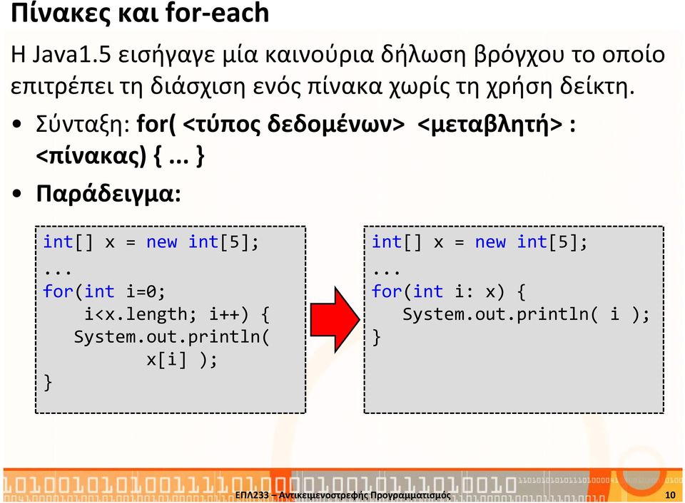 δείκτη. Σύνταξη: for(<τύπος δεδομένων> <μεταβλητή> : <πίνακας){... Παράδειγμα: int[] x = new int[5];.