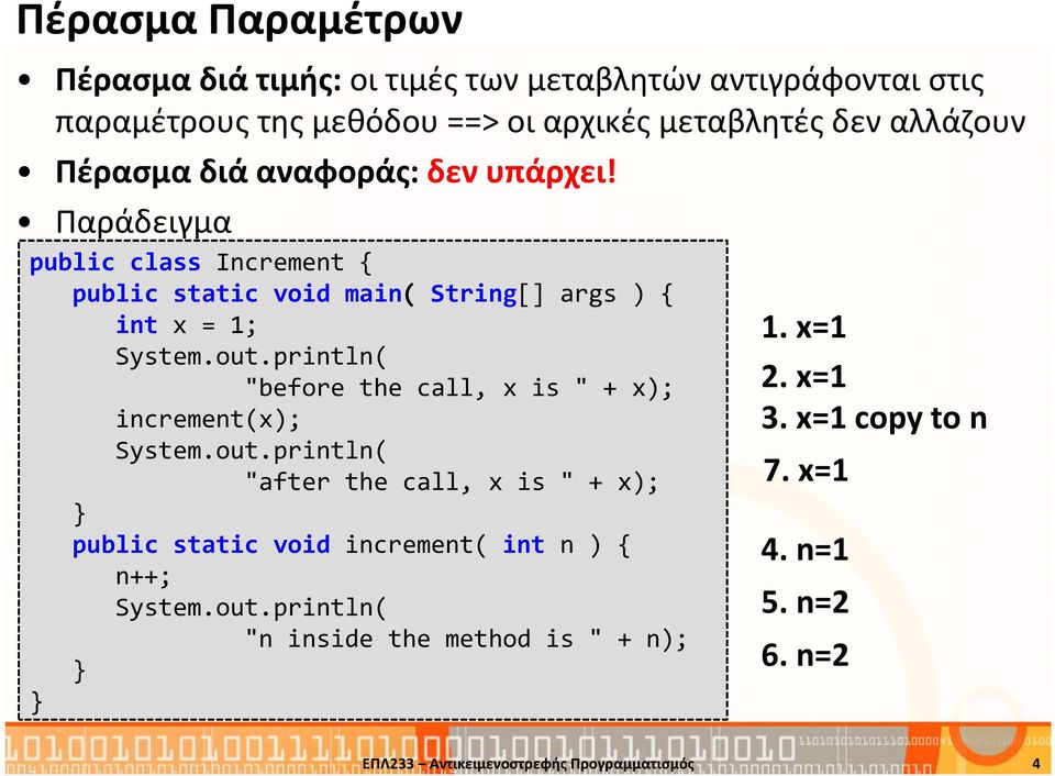 println( "before the call, x is " + x); increment(x); System.out.