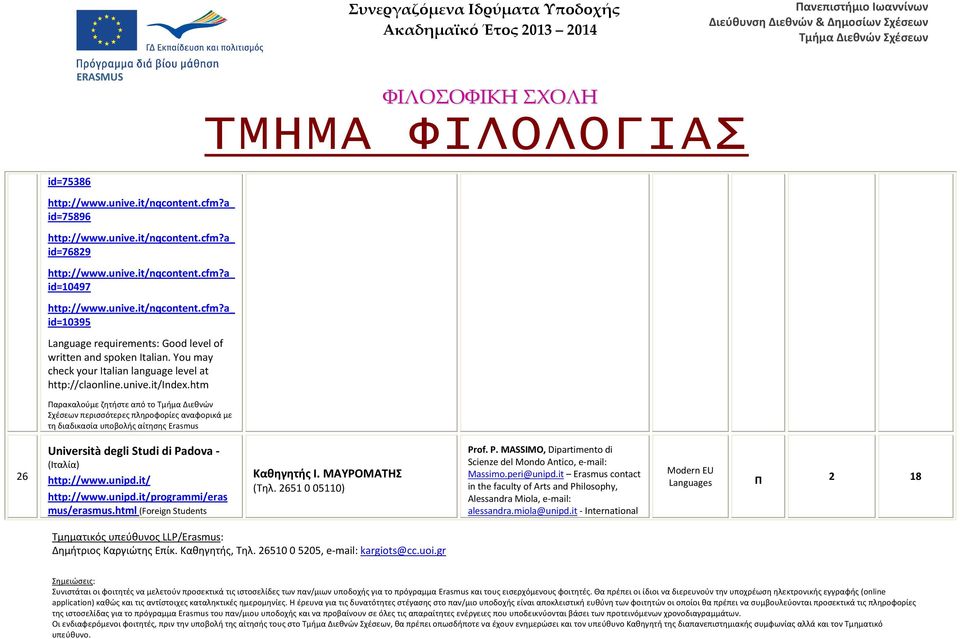 htm αρακαλούμε ζητήστε από το Τμήμα ιεθνών Σχέσεων περισσότερες πληροφορίες αναφορικά με τη διαδικασία υποβολής αίτησης Erasmus 26 Università degli Studi di Padova - (Ιταλία) http://www.unipd.