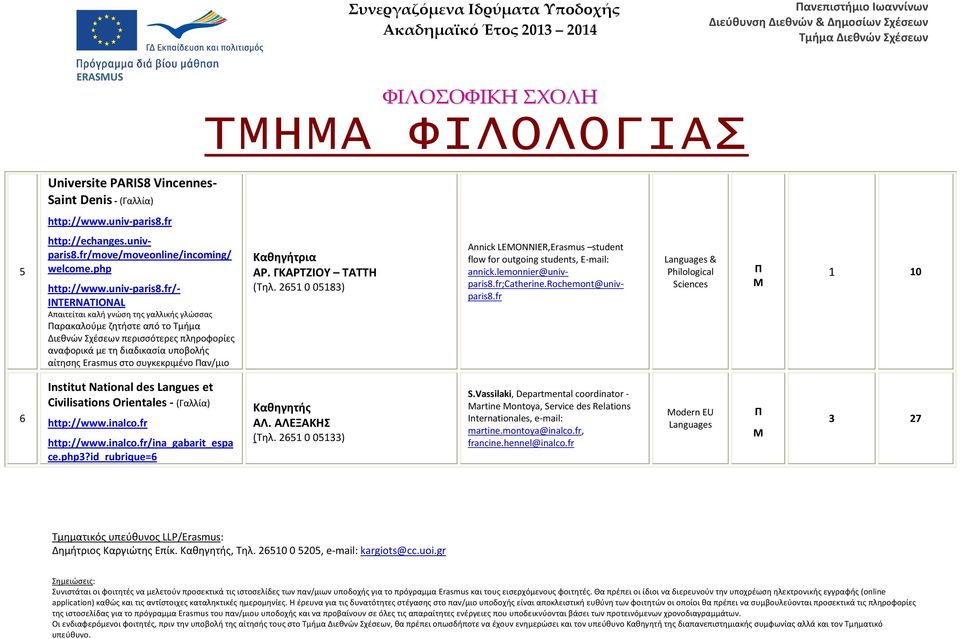 fr/- INTERNATIONAL Απαιτείται καλή γνώση της γαλλικής γλώσσας αρακαλούμε ζητήστε από το Τμήμα ιεθνών Σχέσεων περισσότερες πληροφορίες αναφορικά με τη διαδικασία υποβολής αίτησης Erasmus στο