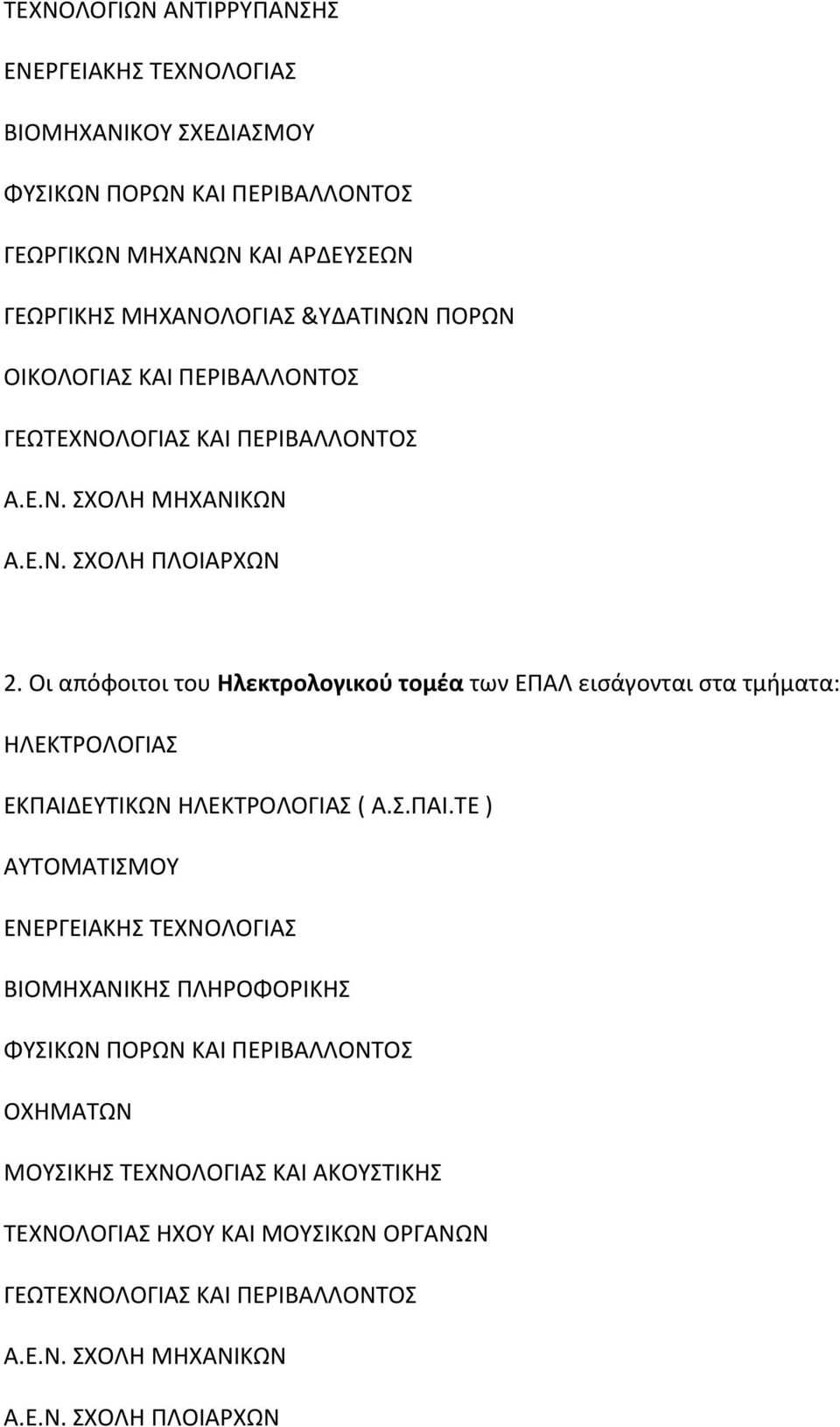 Οι απόφοιτοι του Ηλεκτρολογικού τομέα των ΕΠΑΛ εισάγονται στα τμήματα: ΗΛΕΚΤΡΟΛΟΓΙΑΣ ΕΚΠΑΙΔ