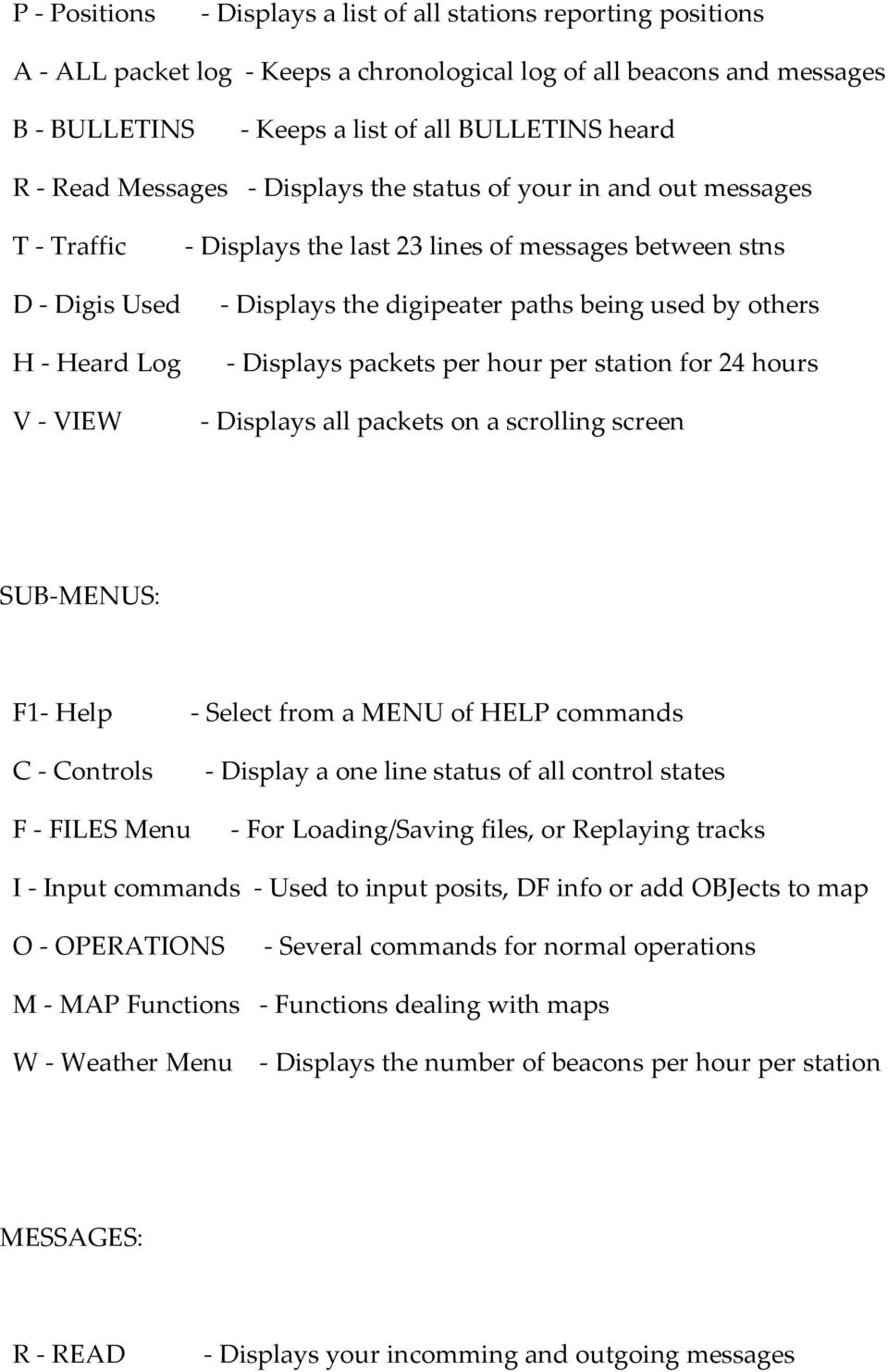 being used by others - Displays packets per hour per station for 24 hours - Displays all packets on a scrolling screen SUB-MENUS: F1- Help - Select from a MENU of HELP commands C - Controls F - FILES