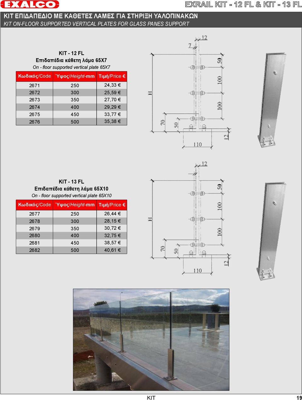 2676 250 300 350 400 450 500 24,33 25,59 27,70 29,29 33,77 35,38 KIT -13 FL Επιδαπέδια κάθετη λάμα 65Χ10 On -floor supported vertical