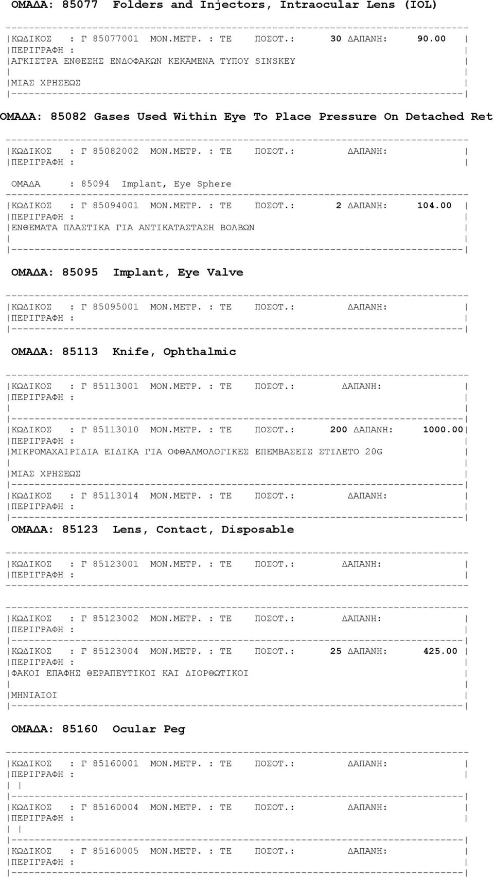 : ΔΑΠΑΝΗ: ΟΜΑΔΑ : 85094 Implant, Eye Sphere ΚΩΔΙΚΟΣ : Γ 85094001 ΜΟΝ.ΜΕΤΡ. : ΤΕ ΠΟΣΟΤ.: 2 ΔΑΠΑΝΗ: 104.