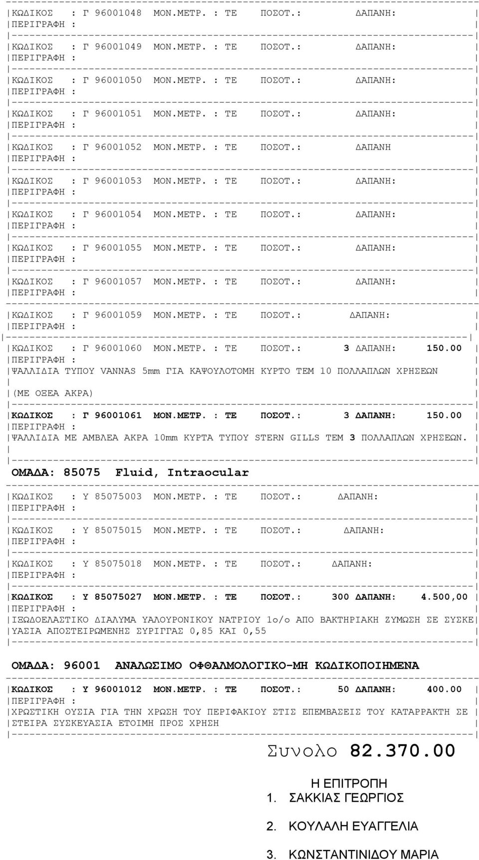 ΜΕΤΡ. : ΤΕ ΠΟΣΟΤ.: ΔΑΠΑΝΗ: ΚΩΔΙΚΟΣ : Γ 96001059 ΜΟΝ.ΜΕΤΡ. : ΤΕ ΠΟΣΟΤ.: ΔΑΠΑΝΗ: ΚΩΔΙΚΟΣ : Γ 96001060 ΜΟΝ.ΜΕΤΡ. : ΤΕ ΠΟΣΟΤ.: 3 ΔΑΠΑΝΗ: 150.