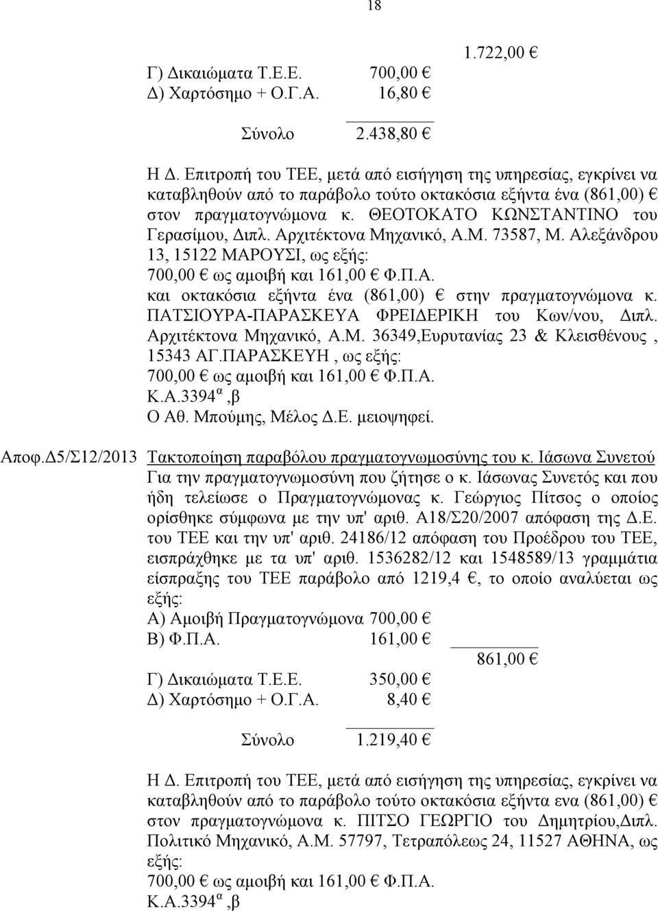 Αρχιτέκτονα Μηχανικό, Α.Μ. 73587, Μ. Αλεξάνδρου 13, 15122 ΜΑΡΟΥΣΙ, ως εξής: 700,00 ως αμοιβή και 161,00 Φ.Π.Α. και οκτακόσια εξήντα ένα (861,00) στην πραγματογνώμονα κ.