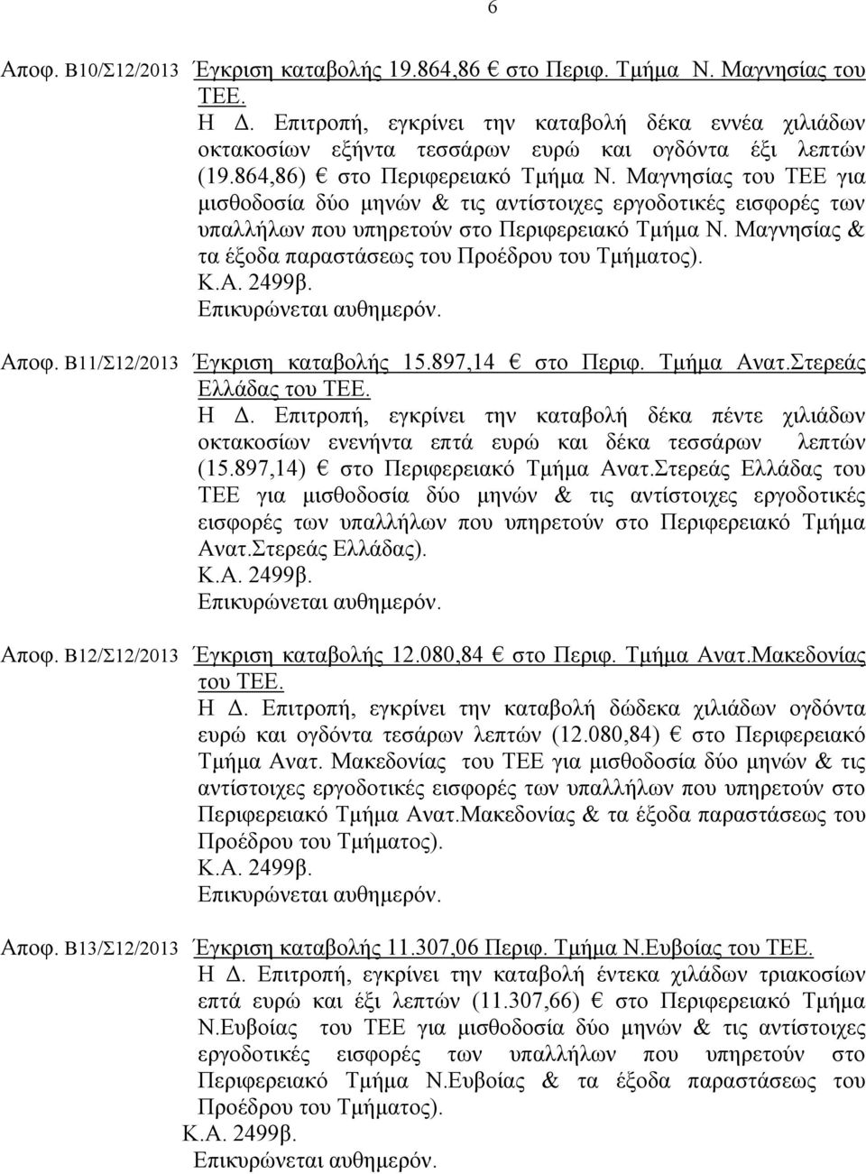 Μαγνησίας του ΤΕΕ για μισθοδοσία δύο μηνών & τις αντίστοιχες εργοδοτικές εισφορές των υπαλλήλων που υπηρετούν στο Περιφερειακό Τμήμα Ν. Μαγνησίας & τα έξοδα παραστάσεως του Προέδρου του Τμήματος). Κ.