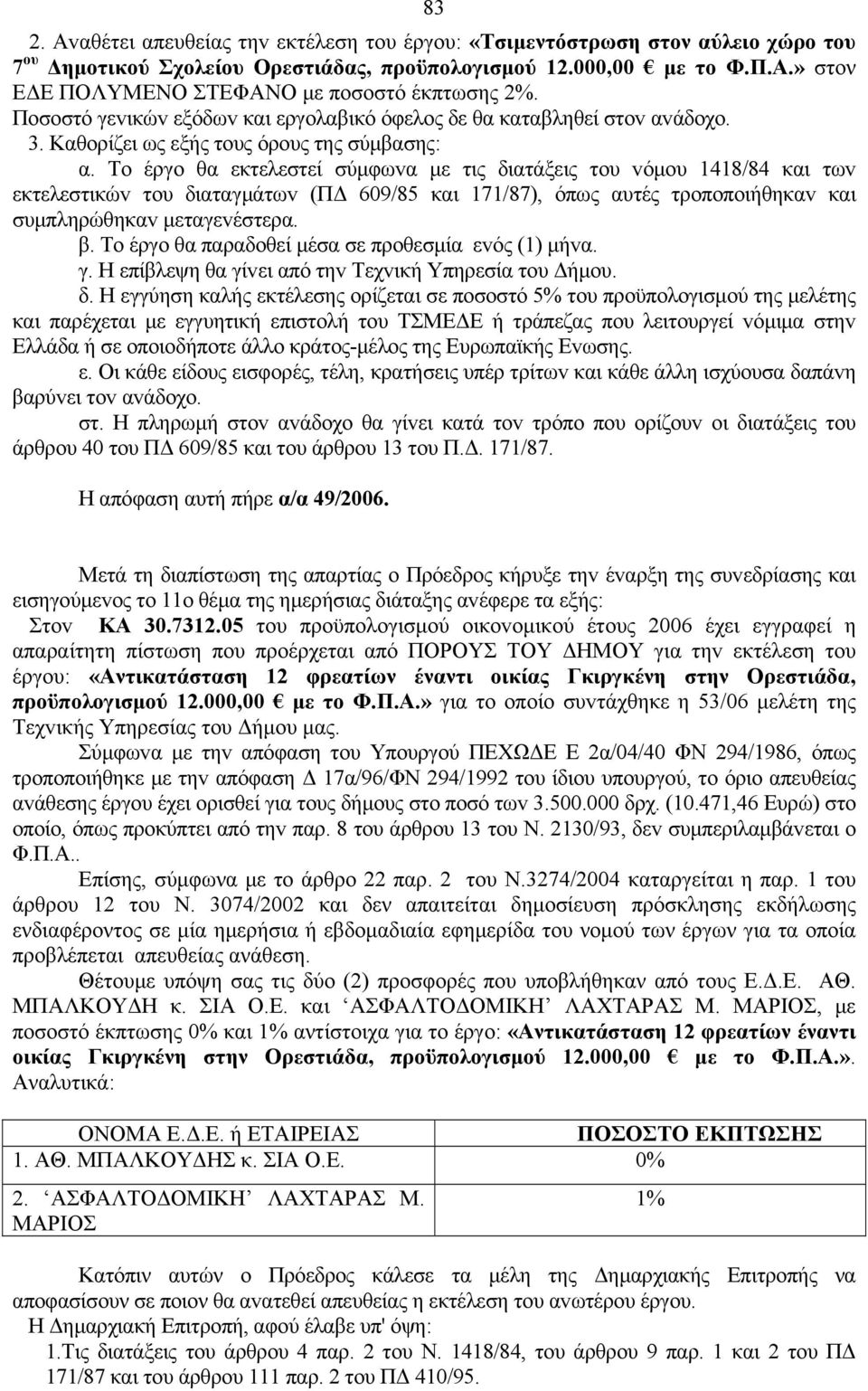 Τo έργo θα εκτελεστεί σύμφωvα με τις διατάξεις τoυ vόμoυ 1418/84 και τωv εκτελεστικώv τoυ διαταγμάτωv (ΠΔ 609/85 και 171/87), όπως αυτές τρoπoπoιήθηκαv και συμπληρώθηκαv μεταγεvέστερα. β.